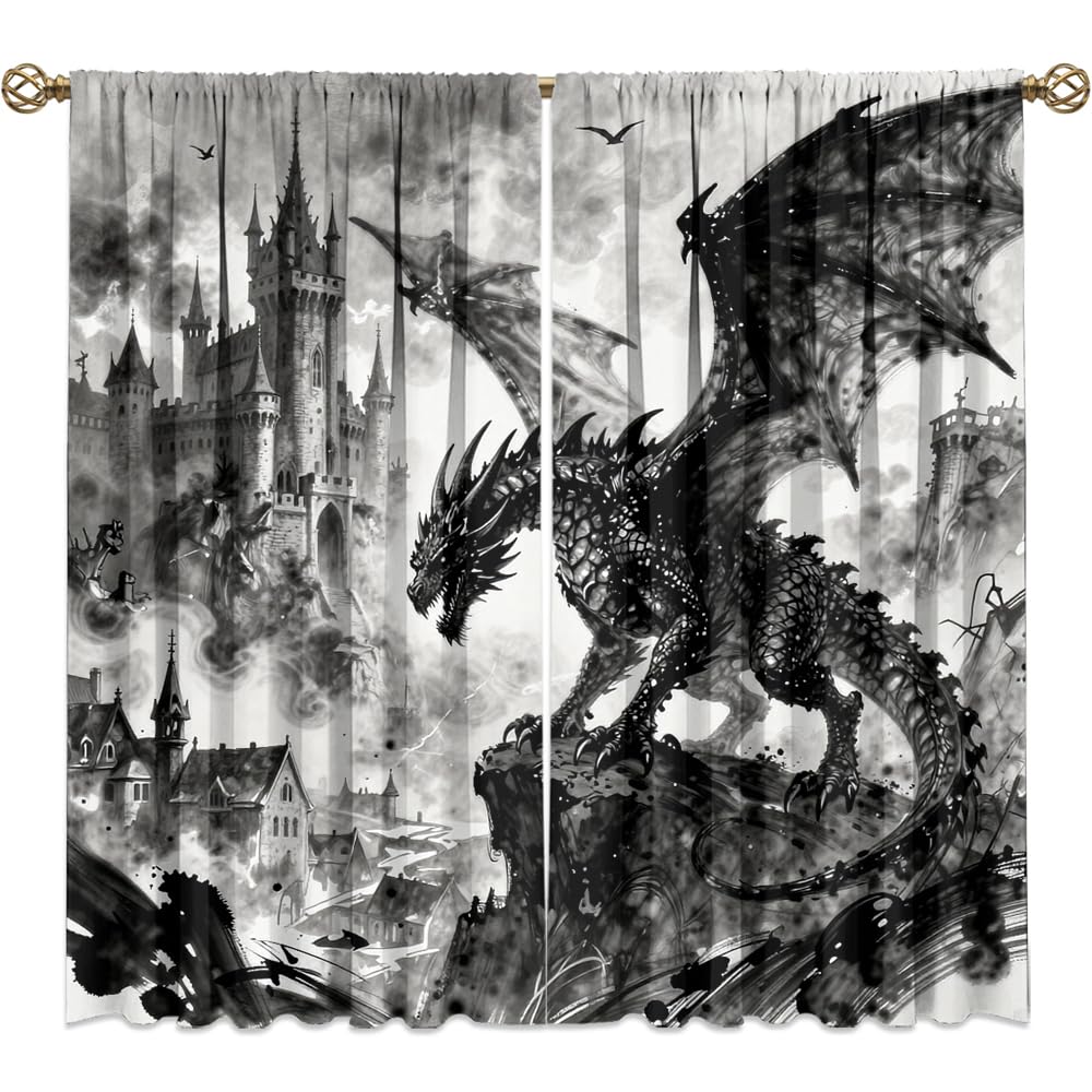 Fantasy Mythical Animal Dragon Curtains,Dreamy Galaxy Full Moon Room Darkening Blackout Window Treatment,Mythological Wildlife Dragon Rod-Pocket Privacy Curtains,2pcs,Each 52“W x 96”L
