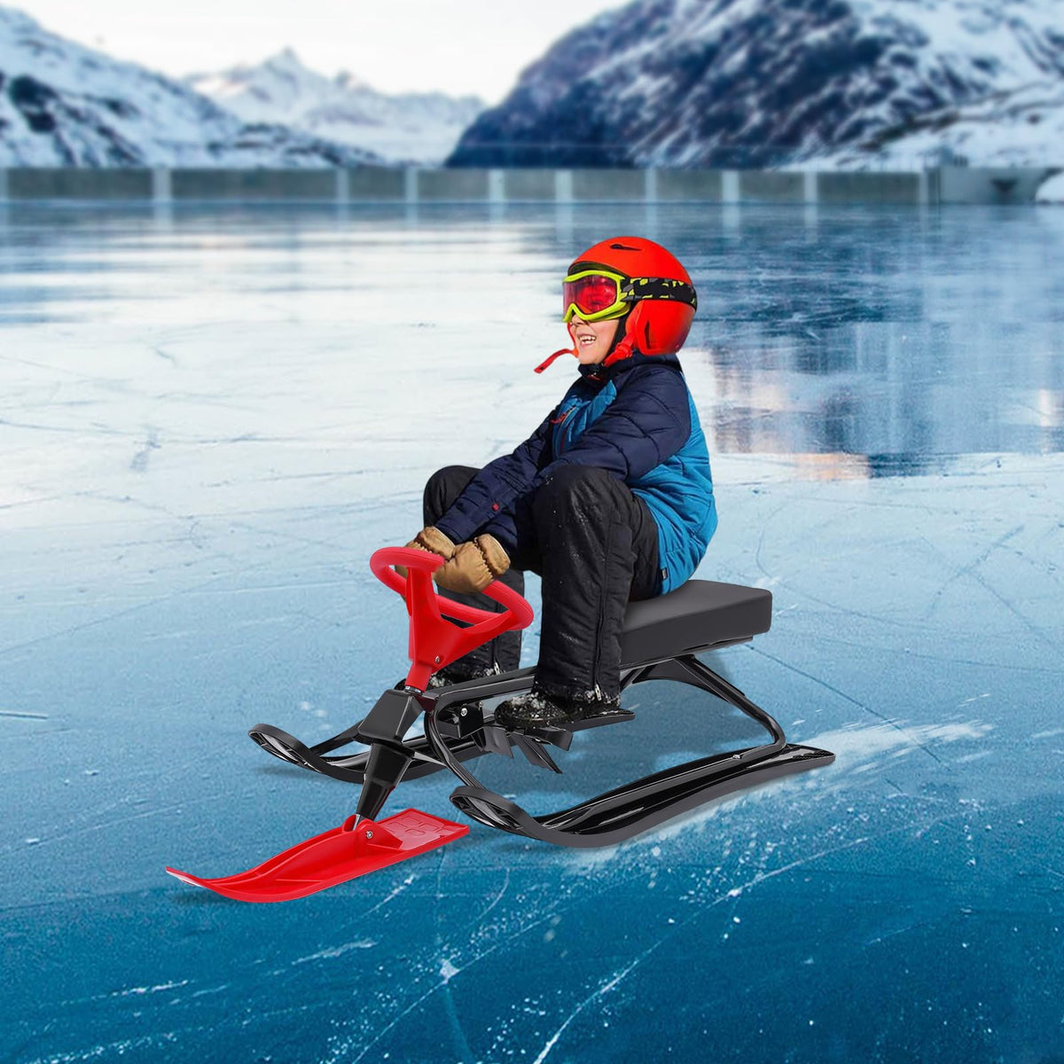 Snow Racer Sled, 220Lbs Capacity Ski Sled Slider Board Kids Teens Winter Sport Sled Metal Snow Sand Grass Slider w/Steering Wheel & Double Brakes for Skiing Ice Skating Sand Skating