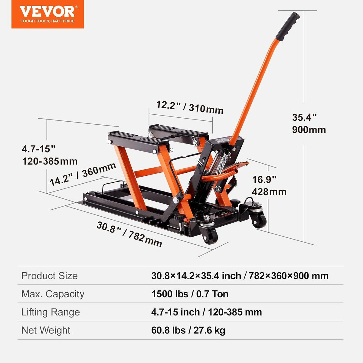 Steel Hydraulic Motorcycle Jack Stand, 1500 LBS ATV Scissor Lift Jack, 4.7"-15" Scissor Portable Lift Jack Stand with 4 Wheels, Foot-Operated Hoist Stand for Motorcycle ATV UTV Powersports (Orange)