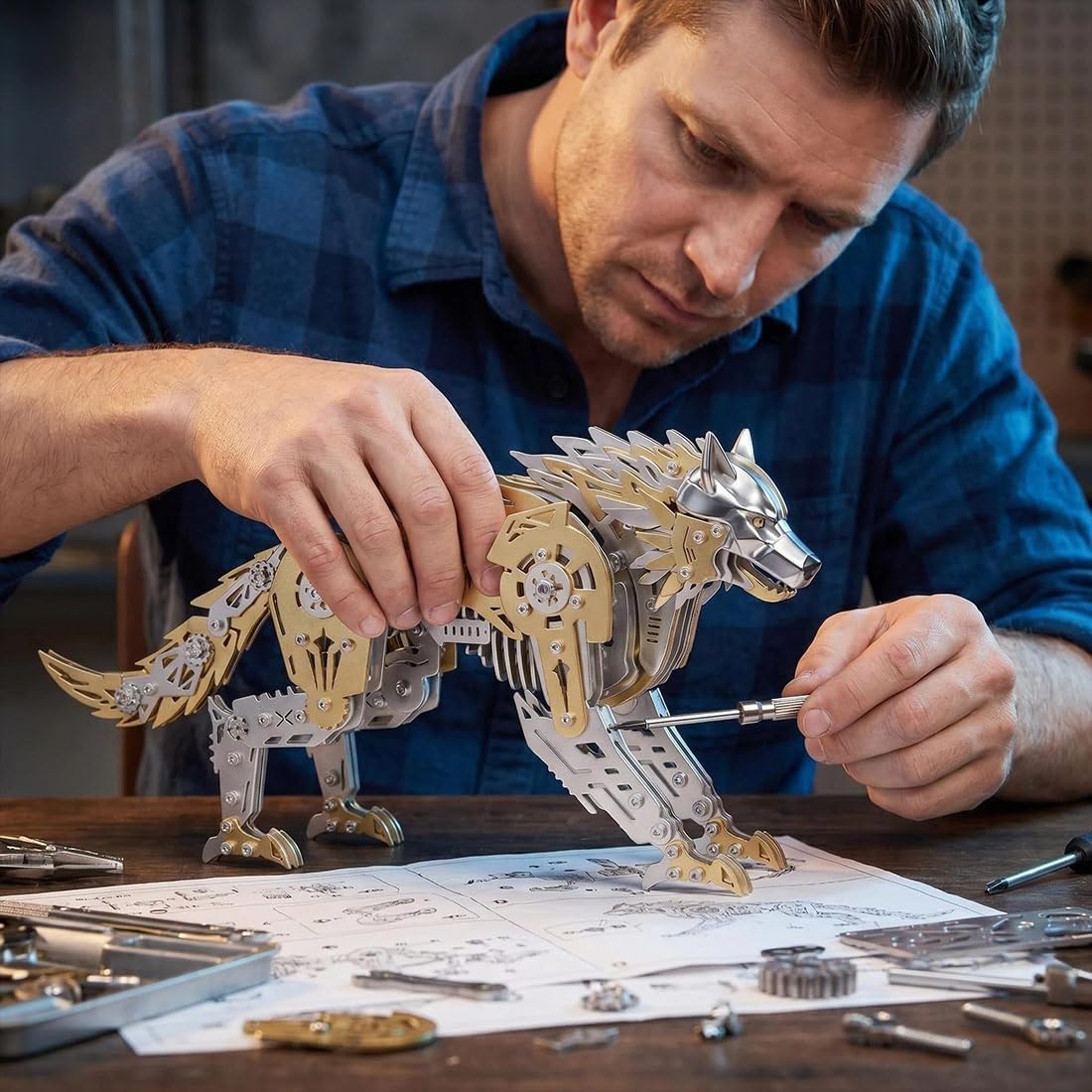 3D Metal Puzzle for Adults,Mechanical Wolf Puzzle Building Set，3D Metal Model Kit, Brain Teaser Puzzles DIY Assembling for Stress Relief - A Collectible Gift for a man