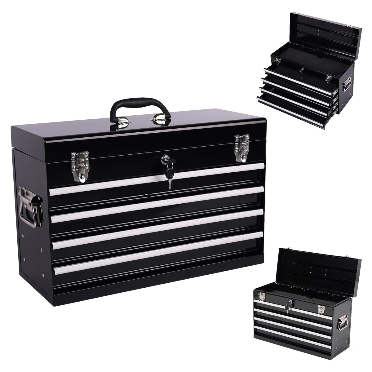 4 Drawers Metal Tool Box, 21" Portable Steel Tool Chest w/Key Lock&Latch Closure, Multi-Function Top Storage Tray Toolbox w/Powder Coating&Ball Bearing Slides (Style 1-4 Drawers - Blue)