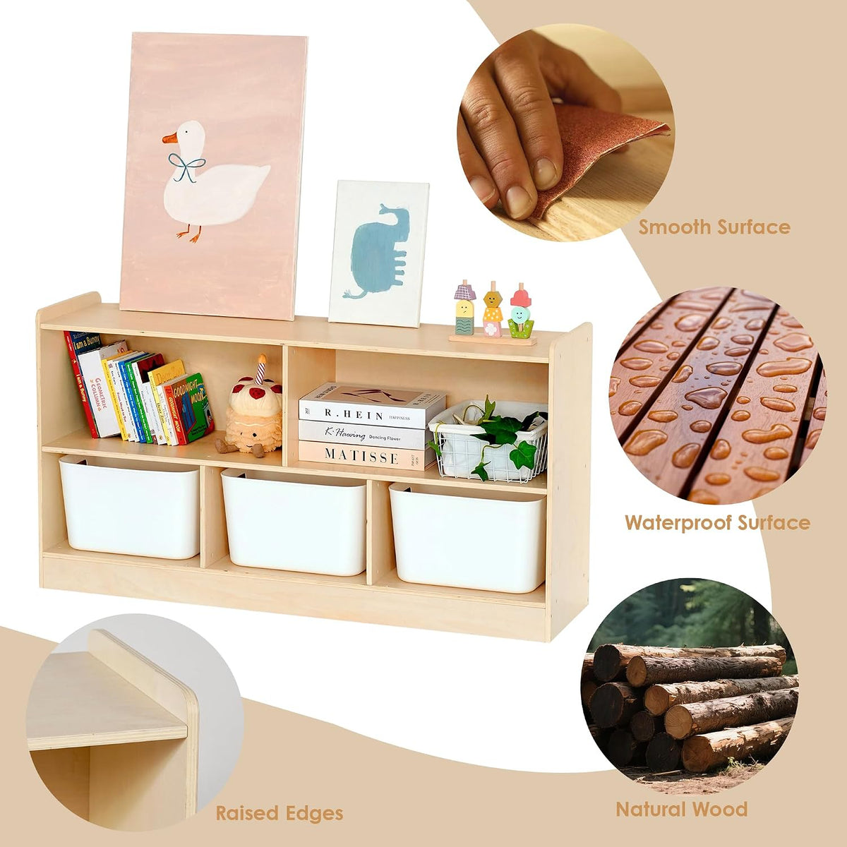 Montessori Book and Toy Shelf for Kids, 5-Section Organizer, Birch Plywood