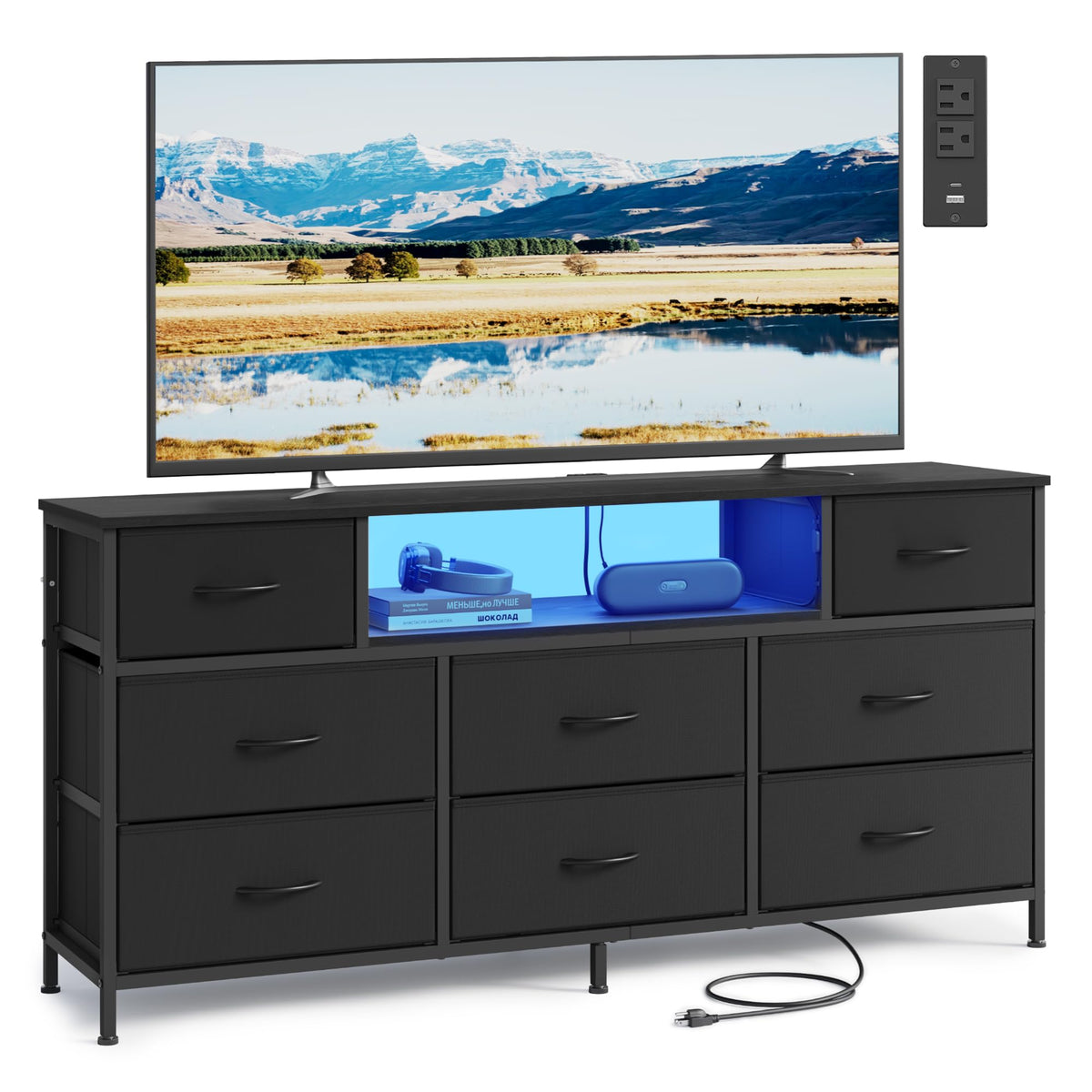 SONGMICS Dresser for Bedroom with Outlets & LED Lights, 8 Fabric Drawers