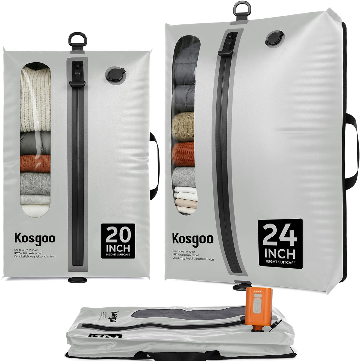 Vacuum Seal Bags for Travel with Pump, Light Grey, 20+20+28