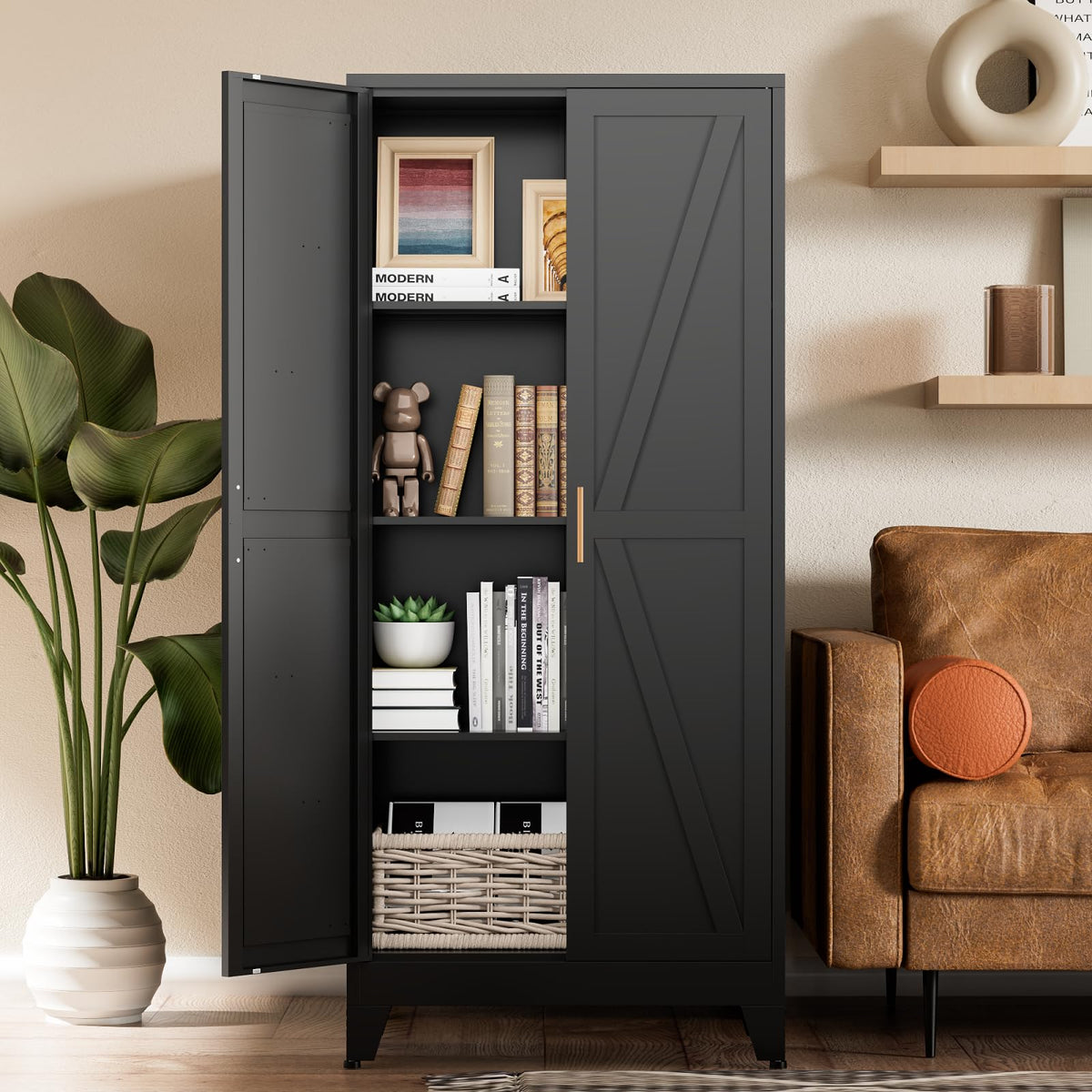 COFaR Black Farmhouse Storage Kitchen Pantry Cabinet with 2 Barn Door, 3 Adjustable Shelves and Legs, for Cupboard/Dining Room/Bathroom/Living Room/Office/Laundry Room (Black, 61" Farmhouse)