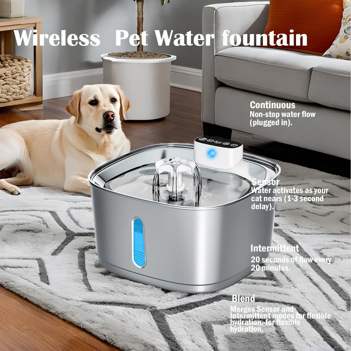 Cordless Cat Water Fountain, 3.2L/108oz Rechargeable Stainless Steel Cat Water Fountain Battery Operated with Replacement Filters, Quiet Pump, Sensor Automatic Dispenser for Cats Indoor