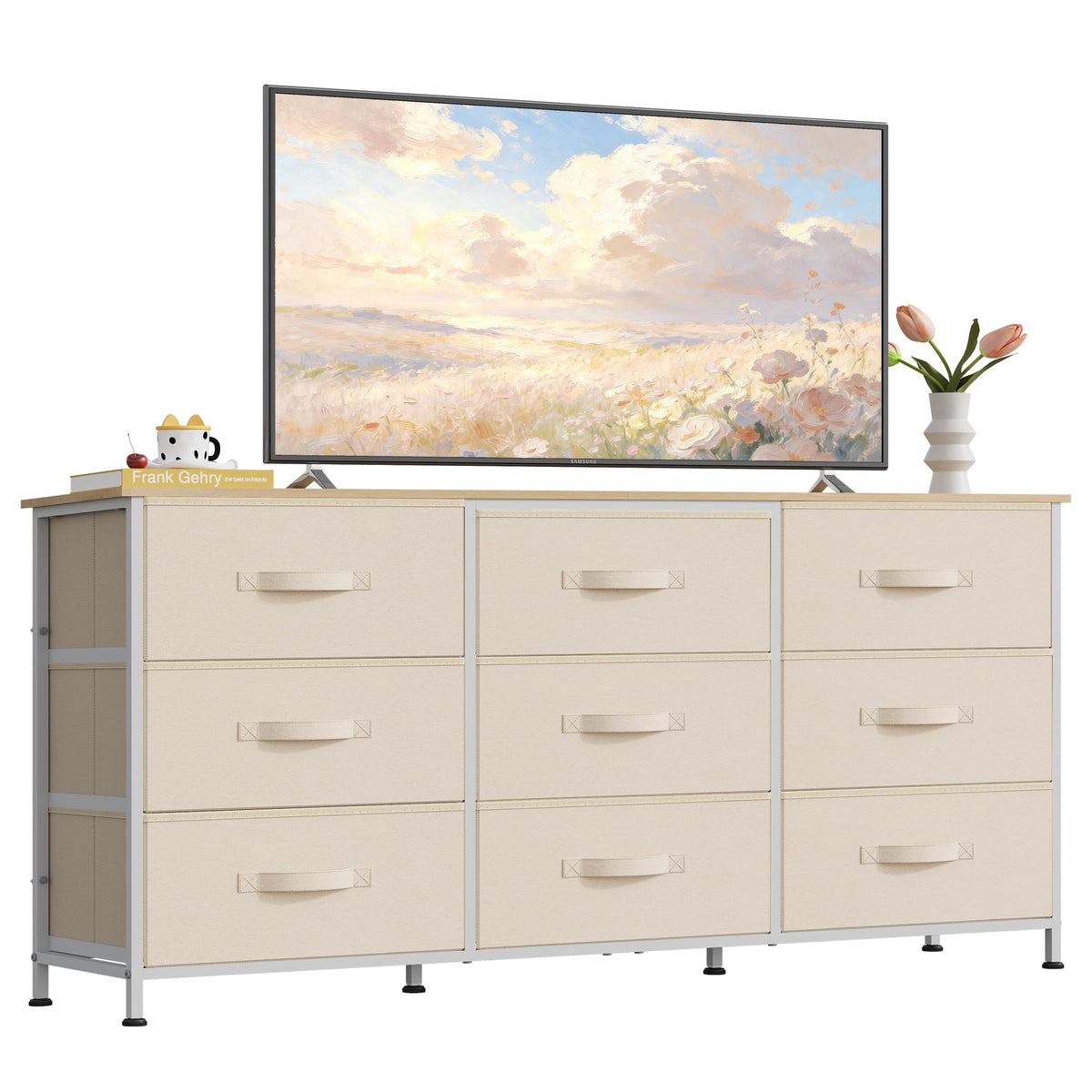 WLIVE Dresser TV Stand for 55 Inch TV, 9 Drawer Dresser for Bedroom, Black