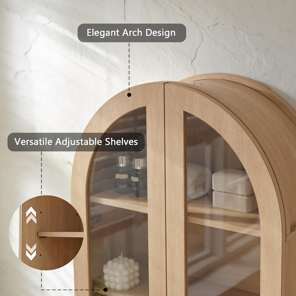 Bathroom Arched Wall Cabinet Over The Toilet Storage Cabinet, 23.5×31.4 Inch bathroom cabinet wall mount with Glass Doors & Adjustable Shelves, Wood Cabinet for Laundry Room, Kitchen,Natural oak