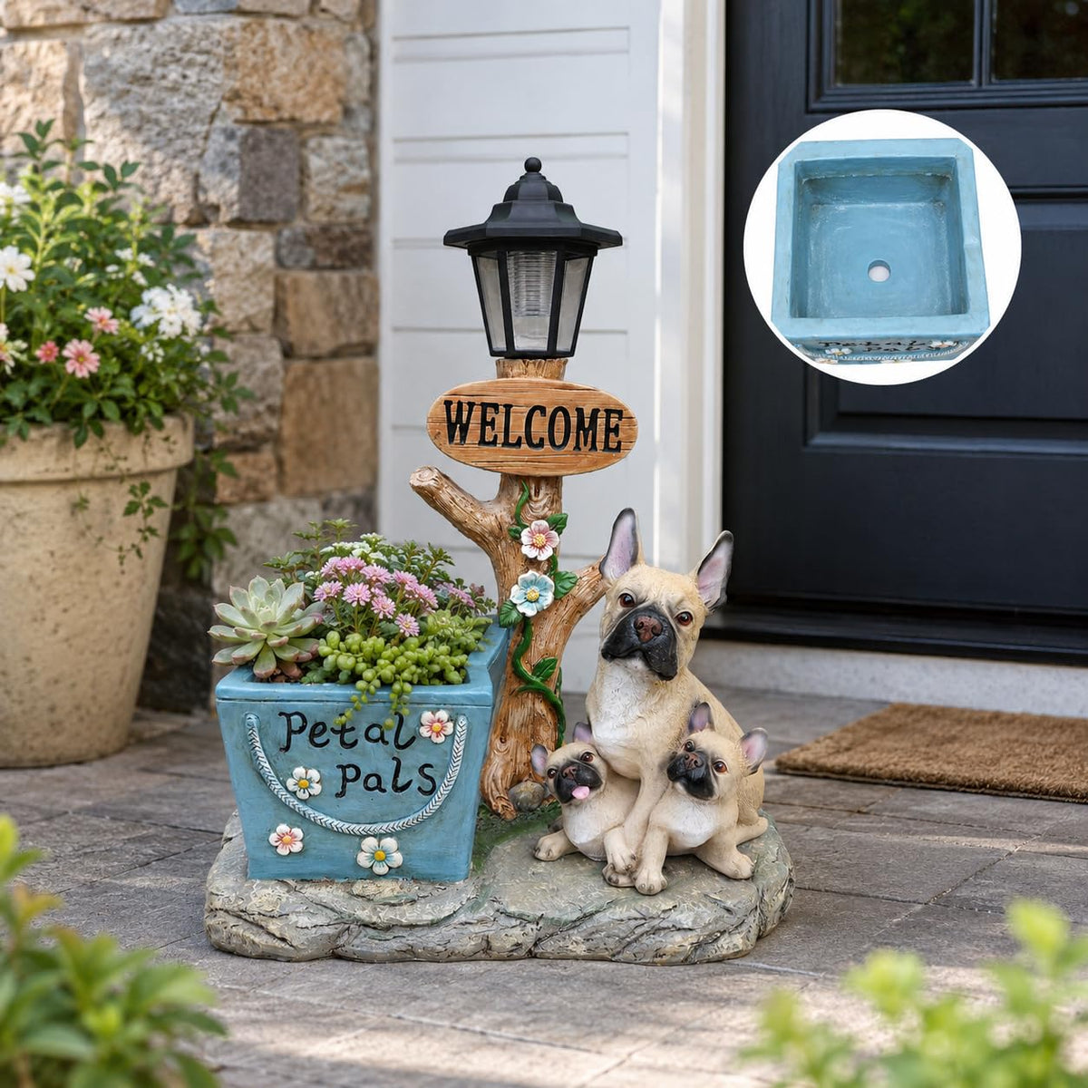 Solar Chihuahua Dog Statue with Welcome Sign & Lantern, Resin Puppy Garden Figurine Planter Pot, Realistic Outdoor LED Light for Porch, Yard Art & Lawn Decor, Unique Gift for Dog Lovers