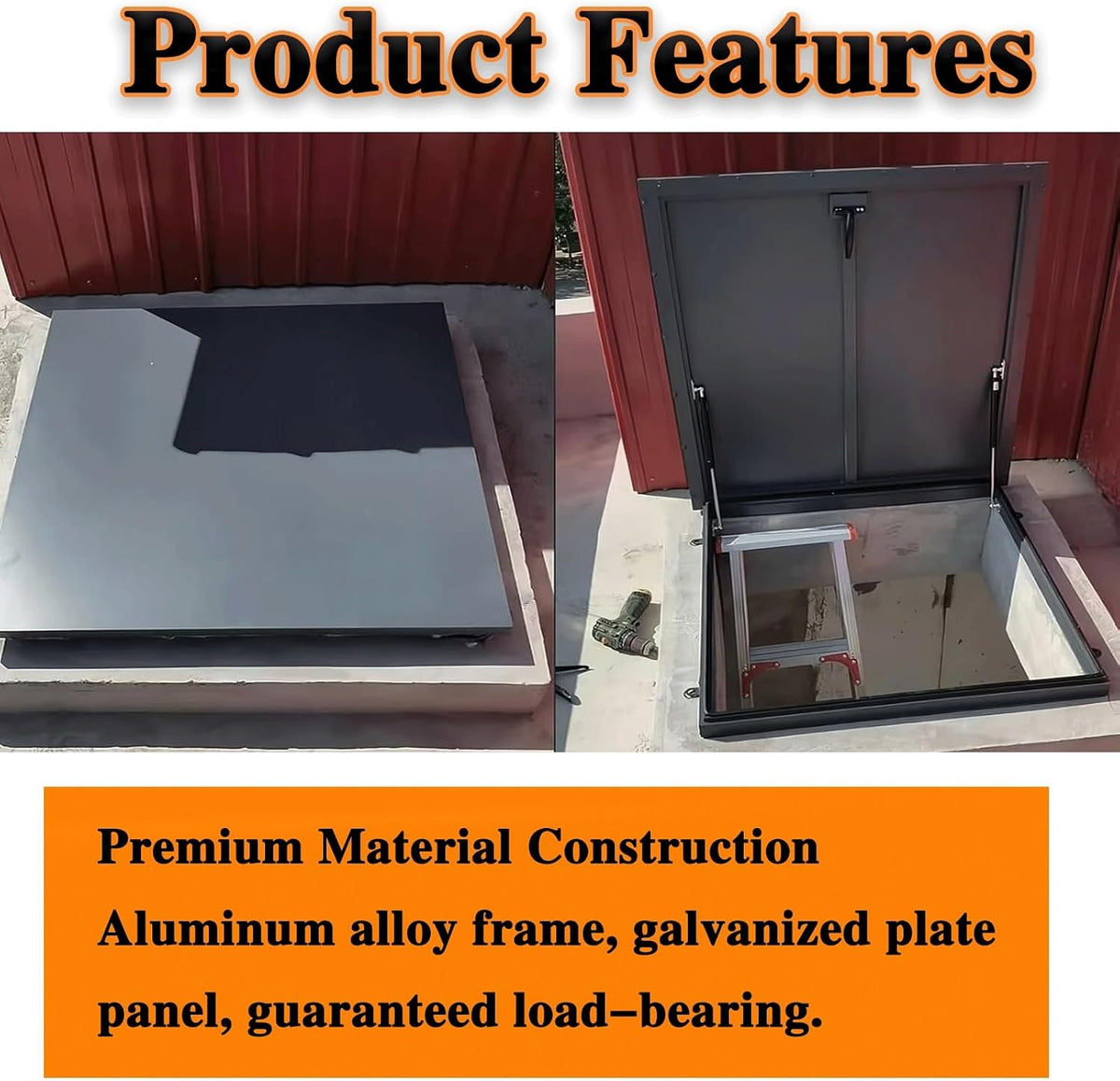21x24in Black Attic Skylight Roof Hatch, 53.3x61cm Galvanized Steel Access Door, Customizable Size Waterproof Roof Hatch Cover with Gas Shock Strut & Handle, for Home Industrial