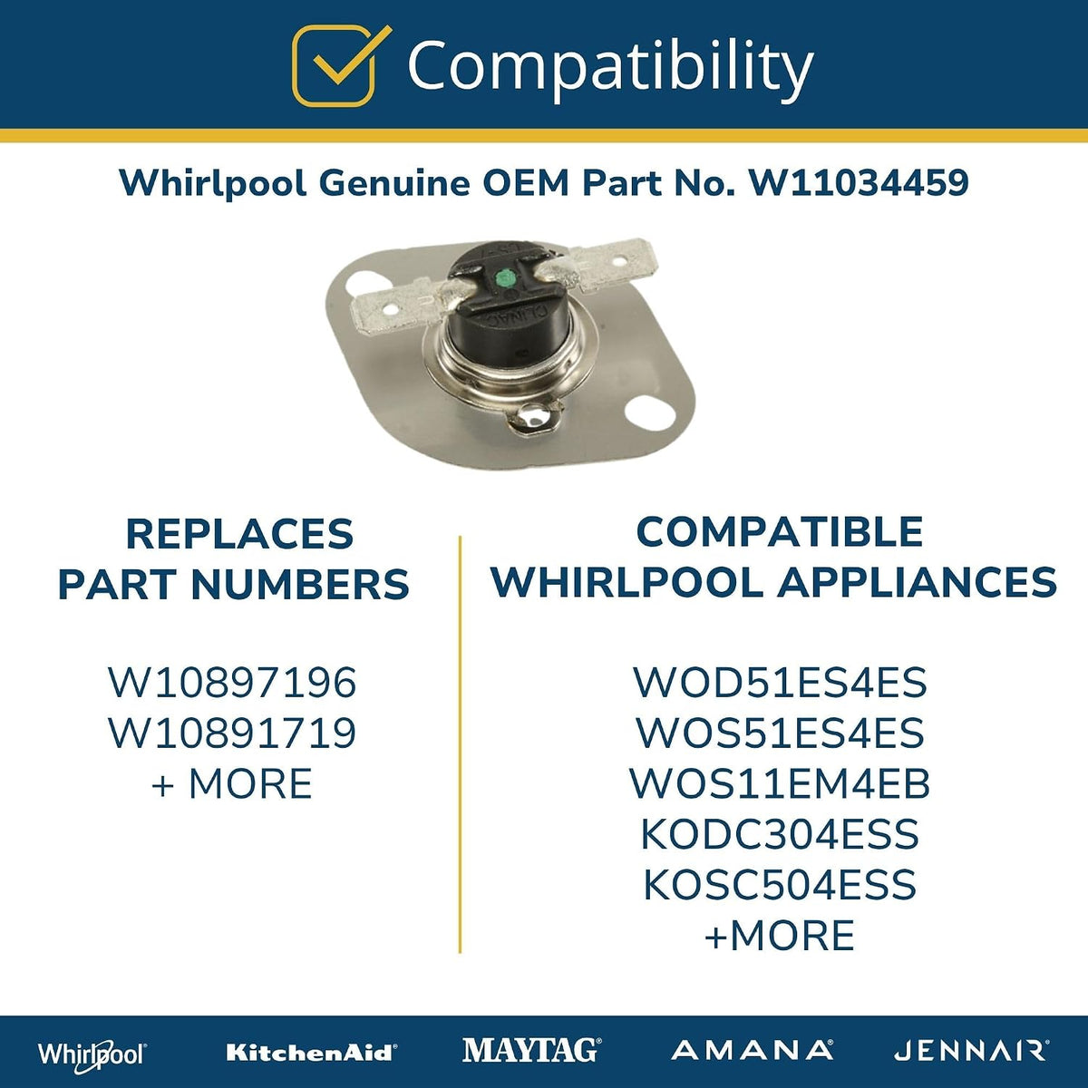 Whirlpool W11034459 Genuine OEM Oven Safety Thermostat Replacement Part - Replaces W10777627