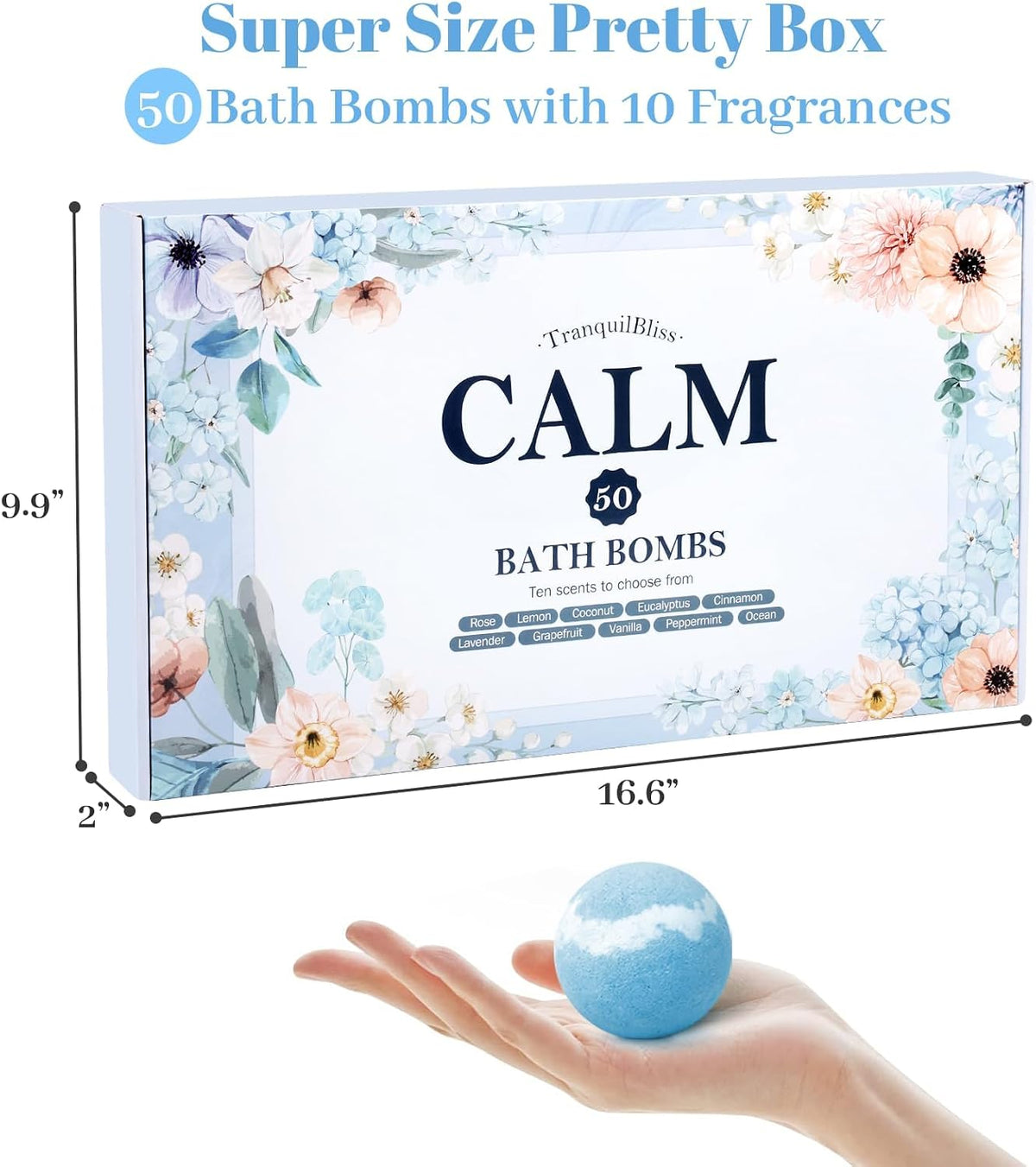 TranquilBliss Bath Bombs Set 50 PCS with 10 Scents, Natural Bathbombs, Blue