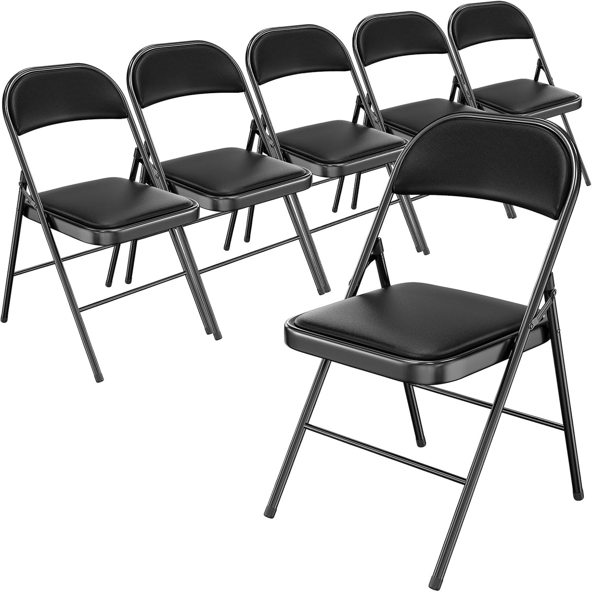 Bonnlo Folding Chair with Comfortable Padded Cushion and Back, Portable Folding Chairs for Outside, Office Events, Weddings, Pu Leather, 6 Black