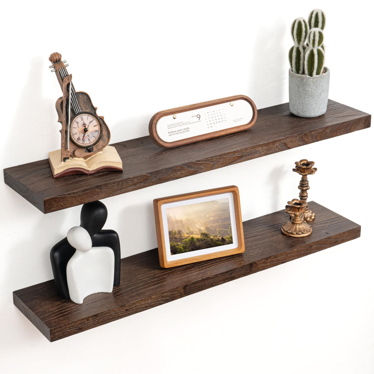 Floating Shelves for Wall, Solid Elm Wood Shelves, 24in Set of 2, Natural