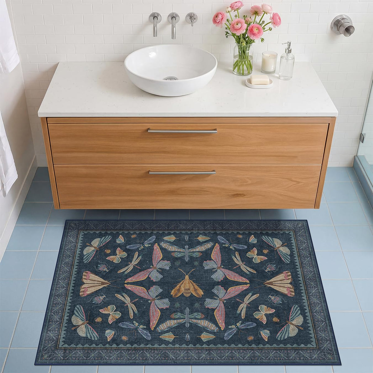 Hazo Haus Dark Green Insect Area Rugs 8x10 for Living Room, Dining Room Under Table, Bedroom, Unique Washable Floral Non Slip Low Pile Soft Rug