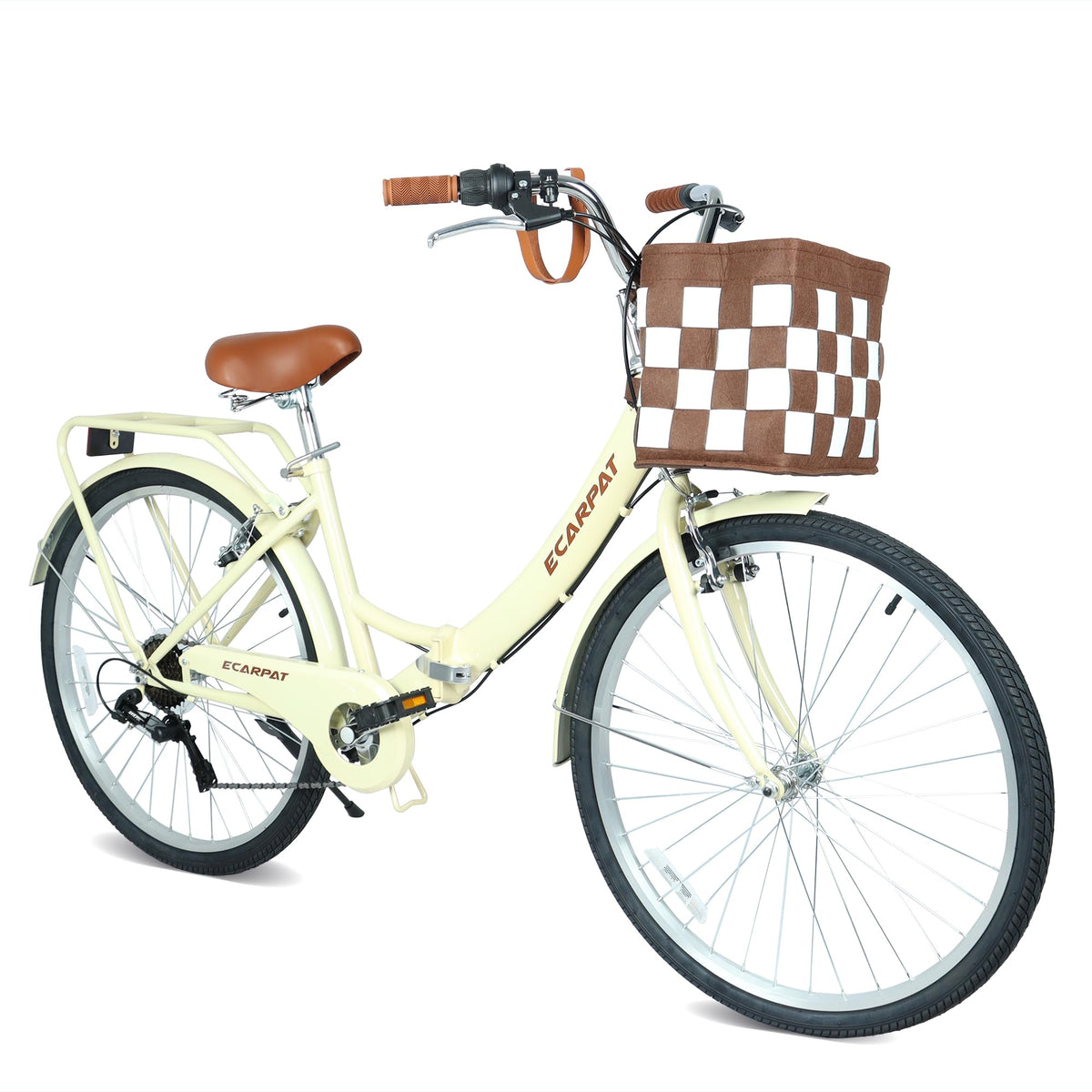 Ecarpat 26 Inch Folding Beach Cruiser Bike for Women, 7 Speed Comfortable City Bike with Rear Rack, Cup Holder and Basket, Steel Frame Commuter Foldable Bicycle with Dual V-Brakes for Adults