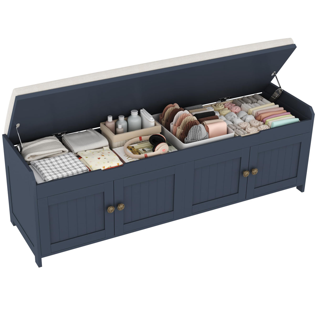 HOMEFORT 54.4" Shoe Bench with Lift Top Storage, Entryway Bench with Cushioned Seat, Wooden End of Bed Bench, Shoe Cabinet Bench with Hidden Storage Space, for Bedroom, Hallway,Blue