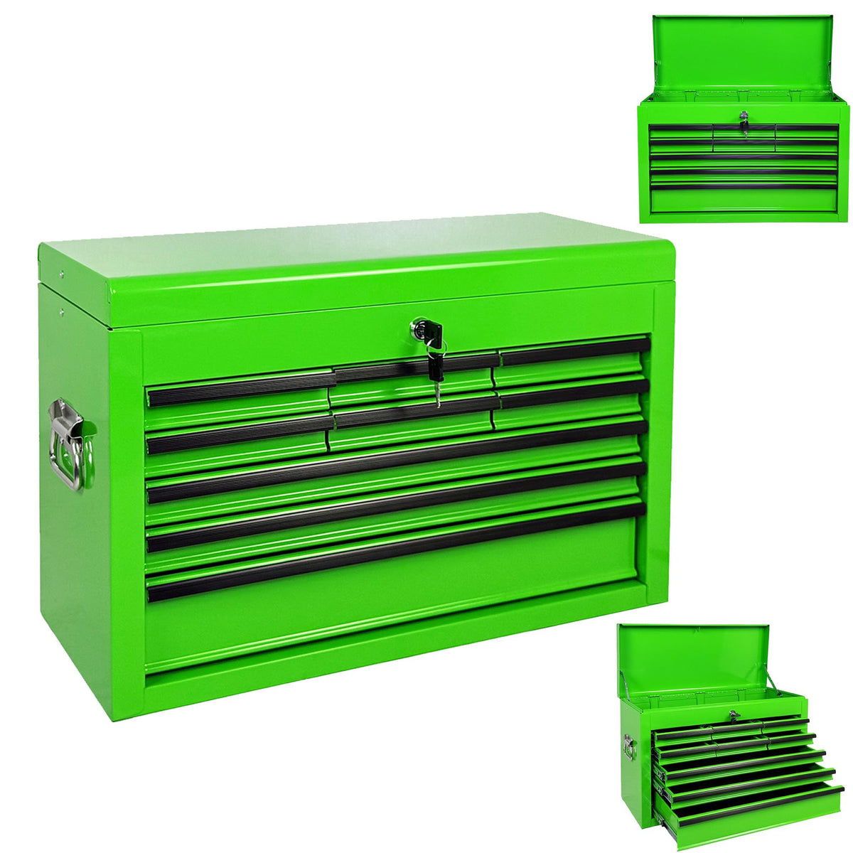 4 Drawers Metal Tool Box, 21" Portable Steel Tool Chest w/Key Lock&Latch Closure, Multi-Function Top Storage Tray Toolbox w/Powder Coating&Ball Bearing Slides (Style 1-4 Drawers - Blue)