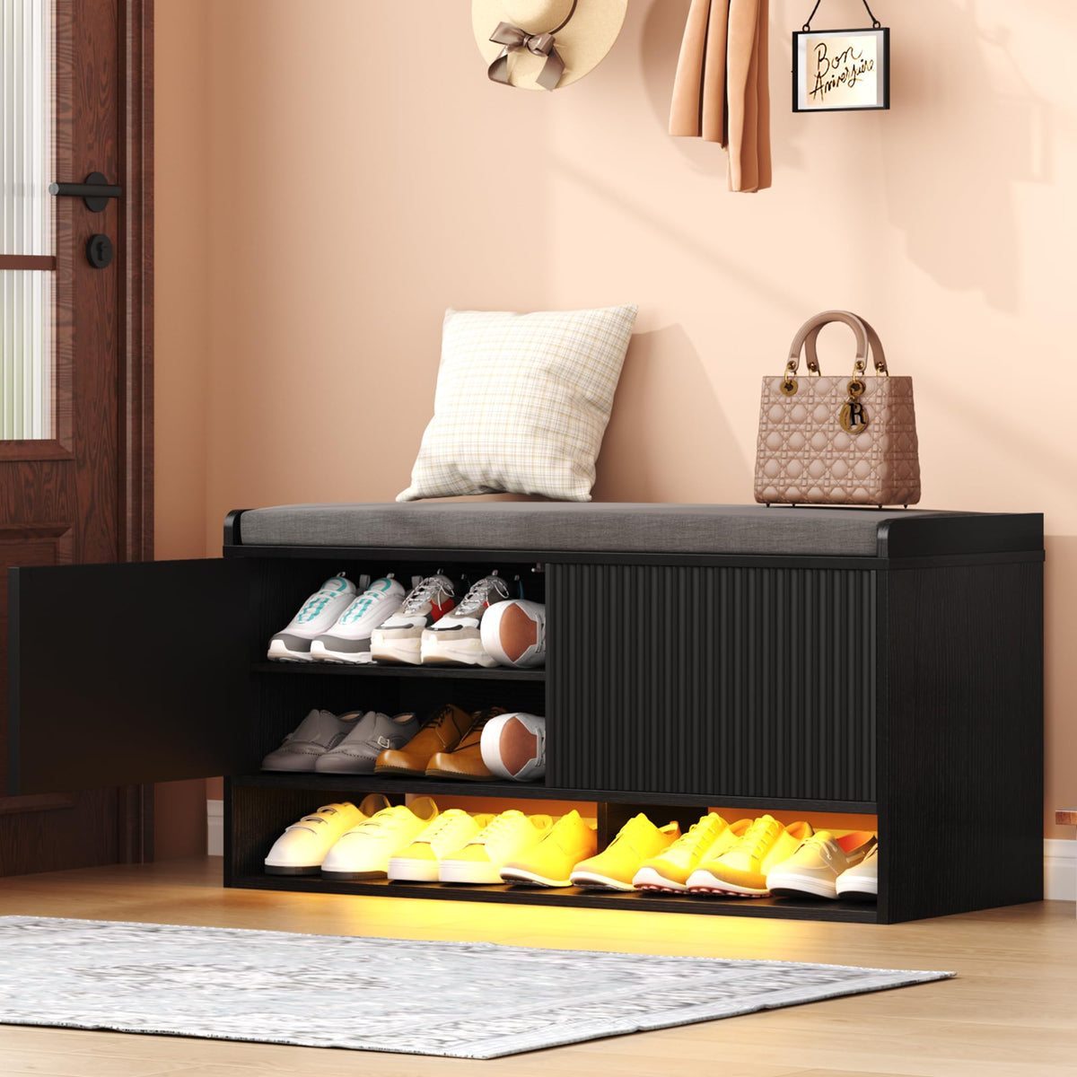 HOMEFORT 39.4" Fluted Shoe Storage Bench, Entryway Bench with Linen Seat Cushion, Shoe Cabinet Bench with Adjustable Shelf and Built-in LED Sensor Light, Bench for Bedroom End of Bed, Natural Oak