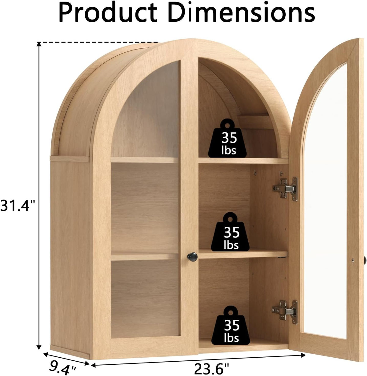 Bathroom Arched Wall Cabinet Over The Toilet Storage Cabinet, 23.5×31.4 Inch bathroom cabinet wall mount with Glass Doors & Adjustable Shelves, Wood Cabinet for Laundry Room, Kitchen,Natural oak