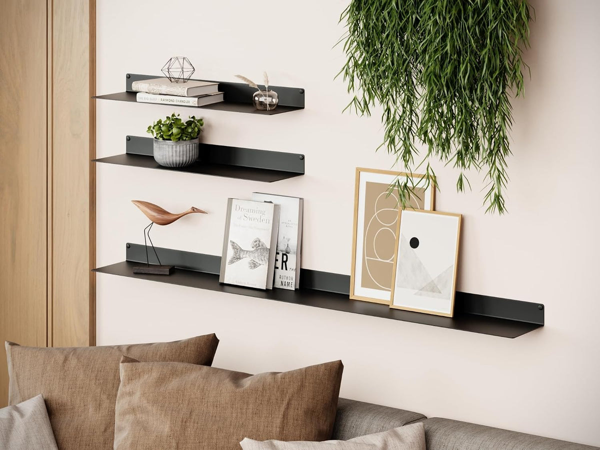 Urbandi Modern Metal Floating Wall Shelves, Industrial Style Heavy Duty Display Ledge, Black Steel Construction, Made in USA (48Wx12D)
