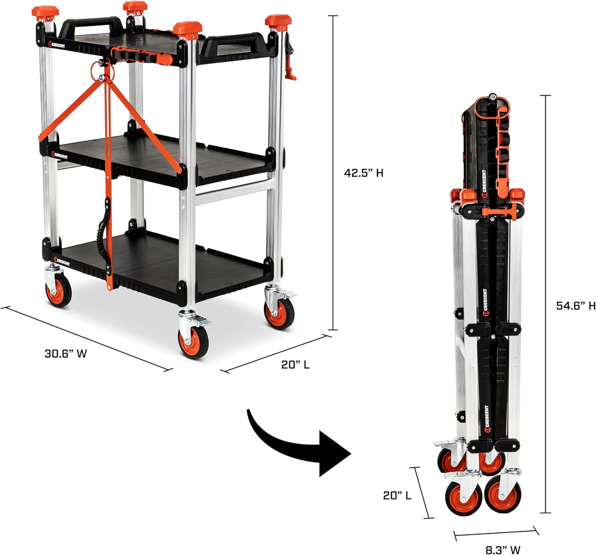 Crescent SITERUNNER 3 Shelf Heavy Duty Folding Jobsite Cart | F3SCBL