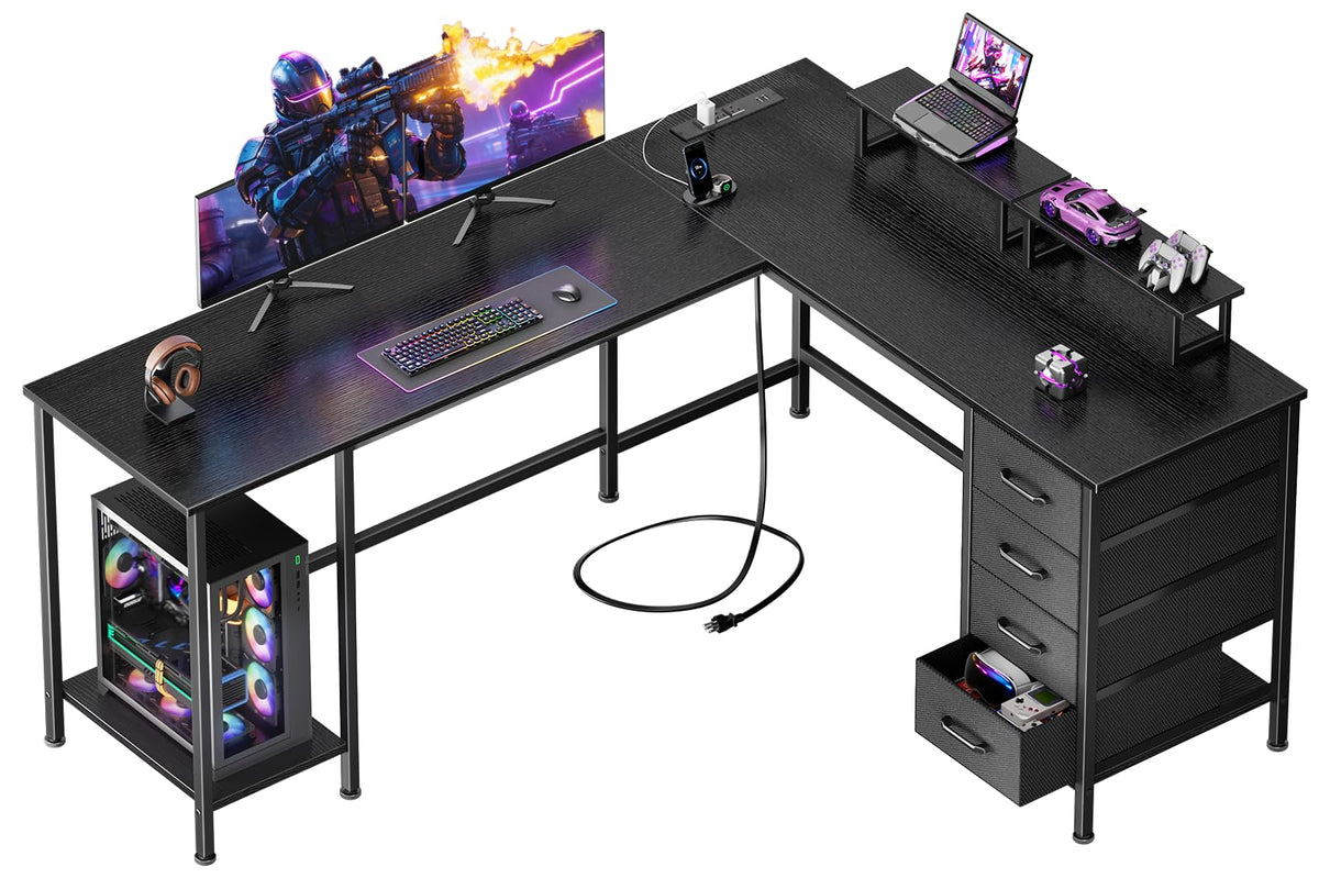 Korfile 59 inch L Shaped Computer Desk with Power Outlets, Black