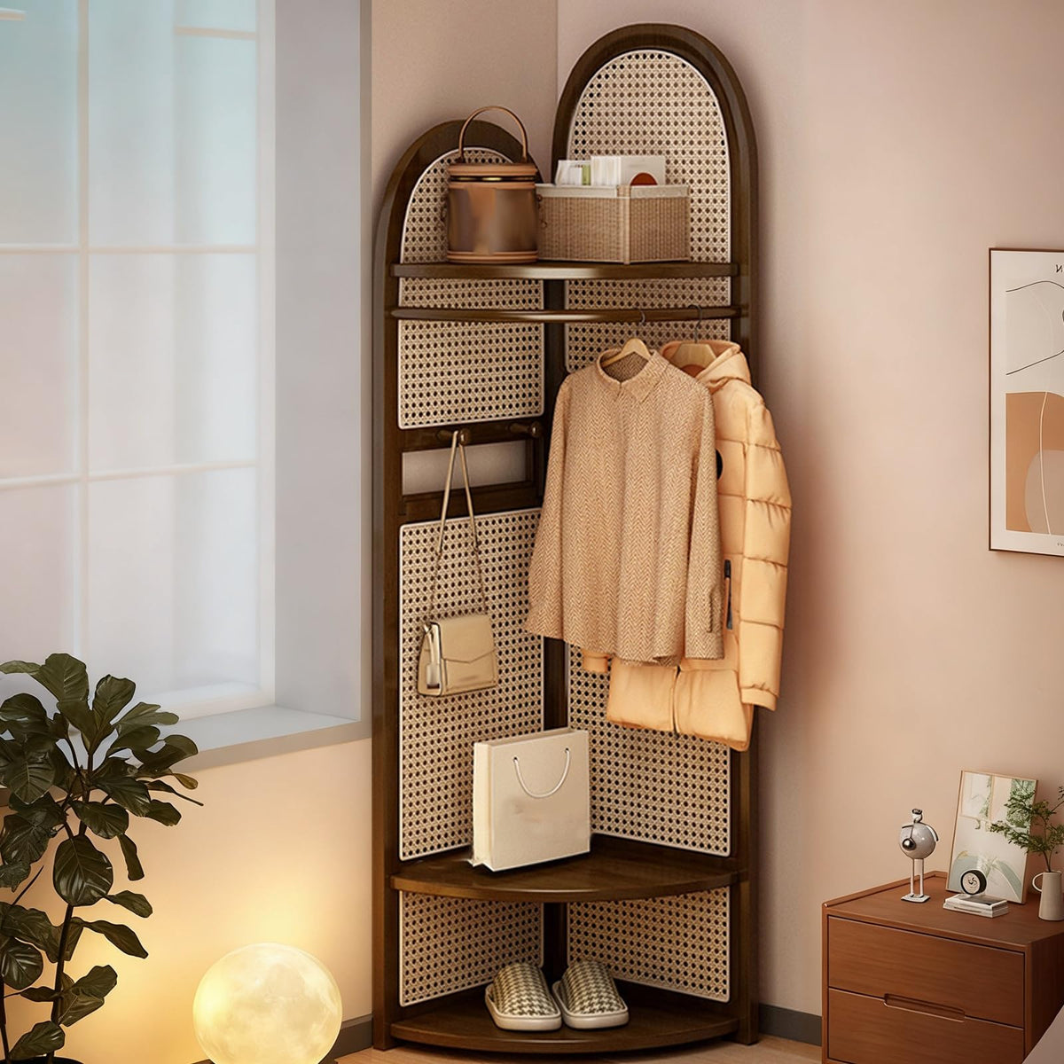 Wooden Corner Clothes Rack, 3-Tier Rattan Corner Hall Tree with Bench and Shoe Storage, Entryway Coat Rack with 4 Hooks, for Entryway or Bedroom(Black)