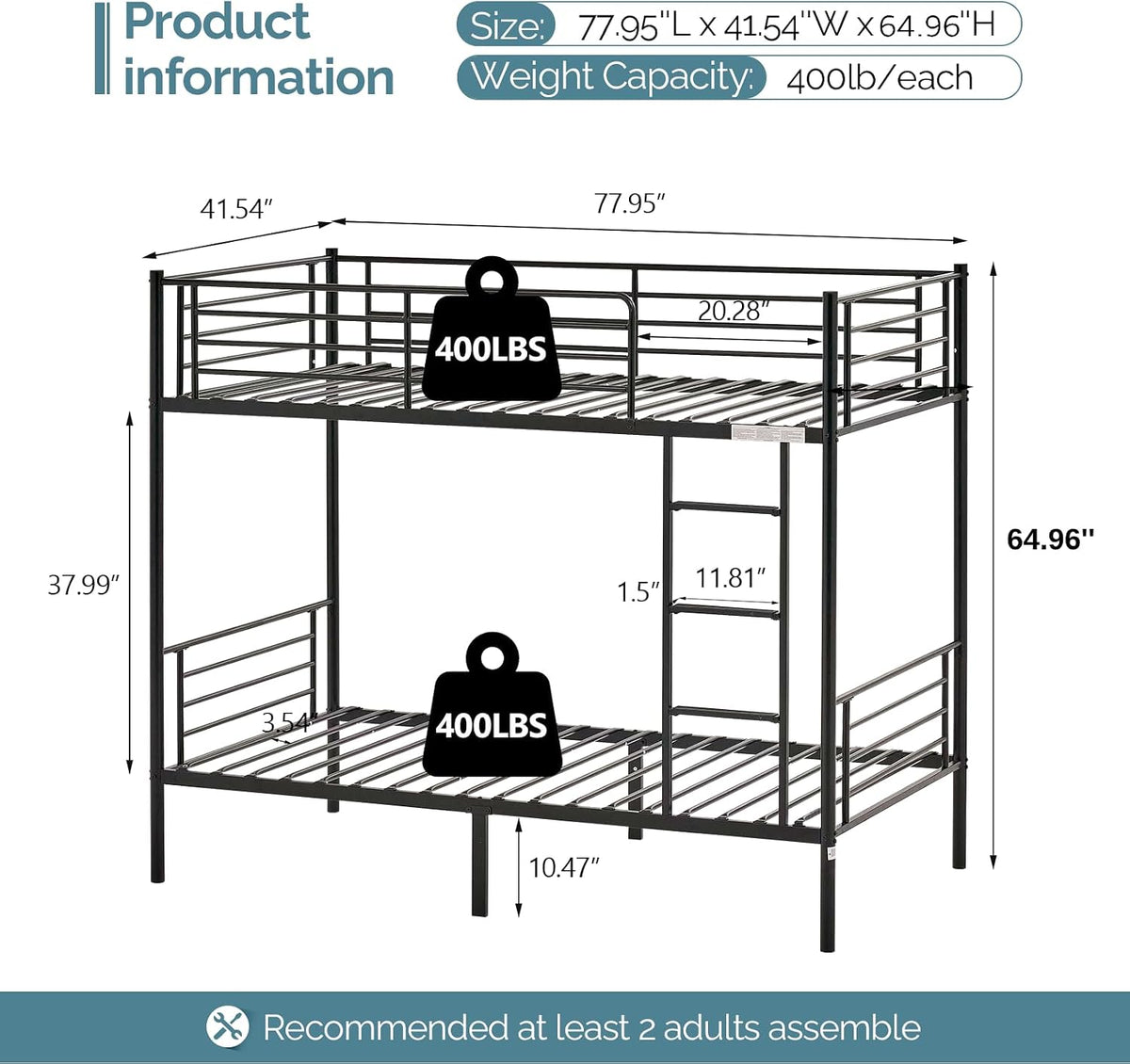 Bonnlo Bunk Bed Twin Over Twin for Kids/Teens/Adults Heavy Duty 2 Decker Bed with Flat Ladder and 13 inches High Guardrail, Metal Space Saver Bed with Stairs, Black