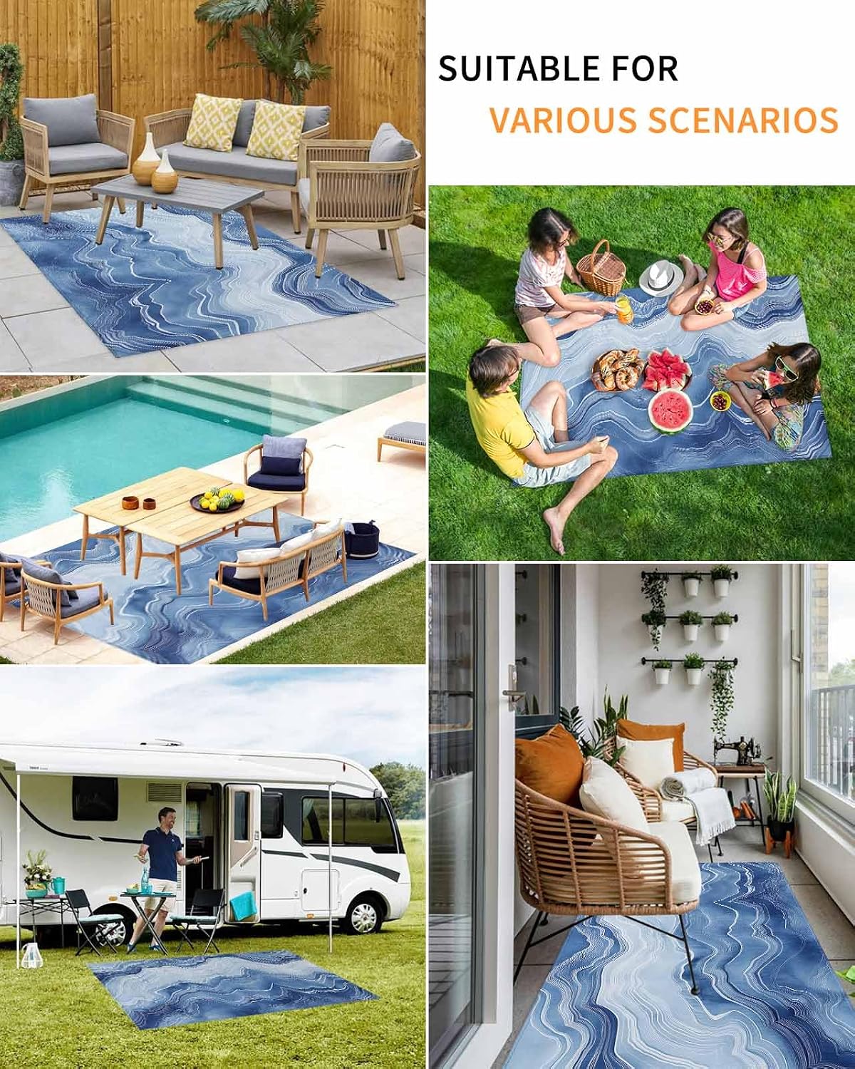 Abstract Ocean Wave Outdoor Rug 5x8ft, Waterproof Indoor Outdoor Rug for Patio, Watercolor Blue Camping Carpet Mat Outside Area Rug for RV Picnic Beach Balcony Deck Backyard