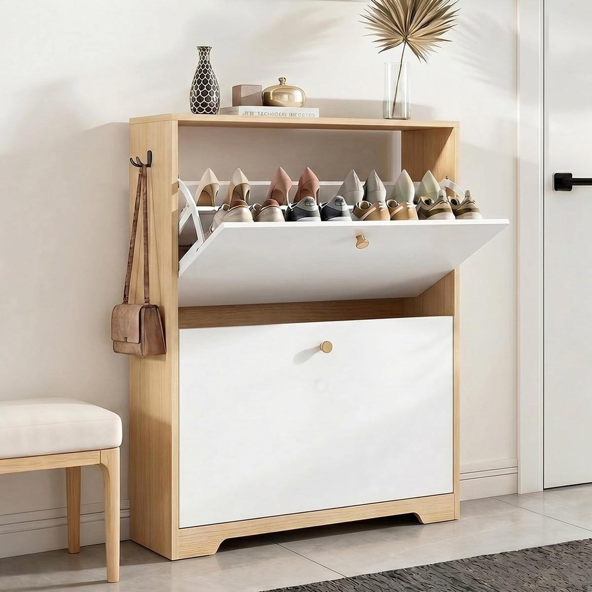 Nicetree Shoe Cabinet with 3 Flip Drawers, Narrow Shoe Organizer Cabinet, Freestanding Shoe Rack Cabinet, Modern Shoe Storage Cabinet for Entryway, Hallway, Foyer, White