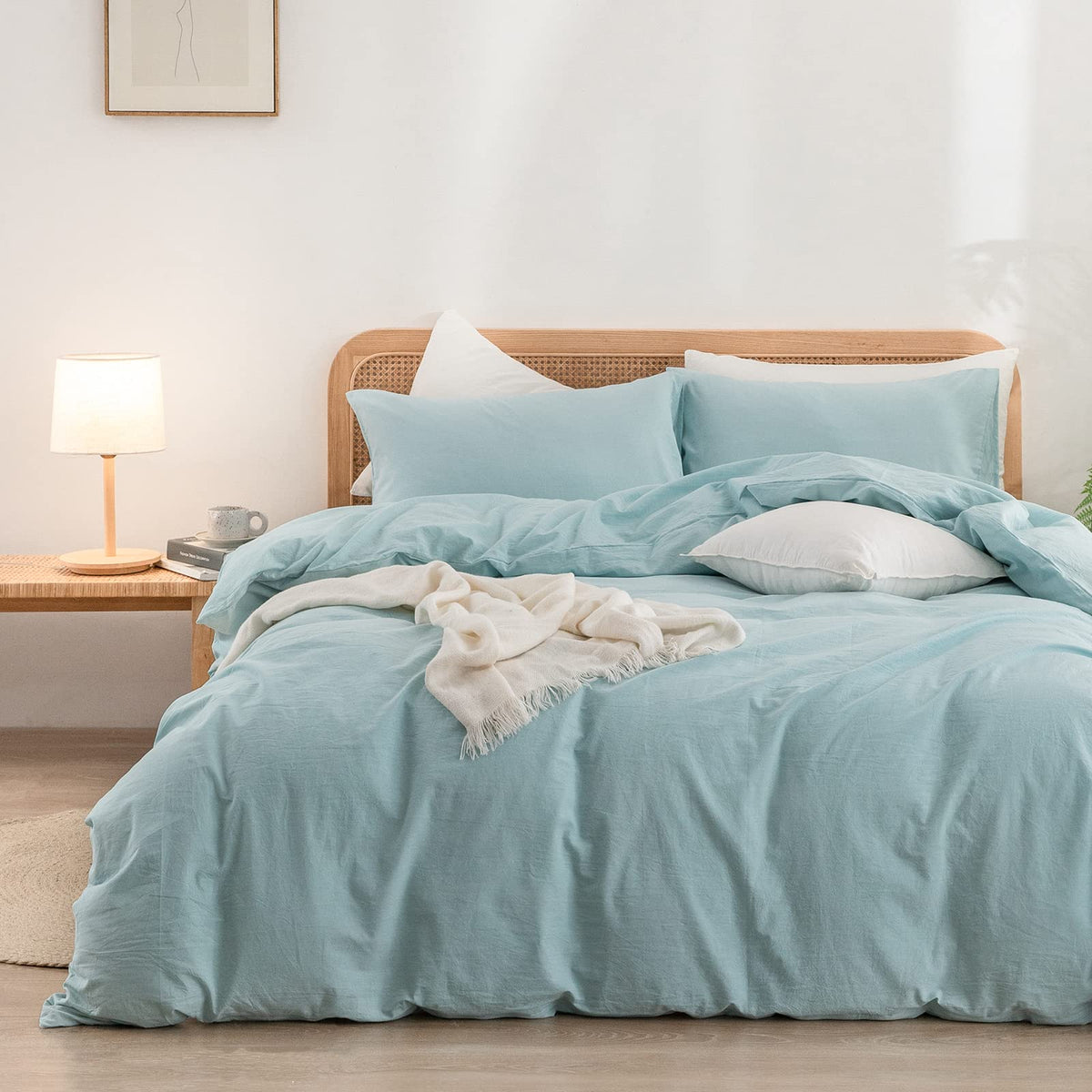 BESTOUCH Cotton Solid Duvet Cover Set Linen Feel Cornflower Blue Queen