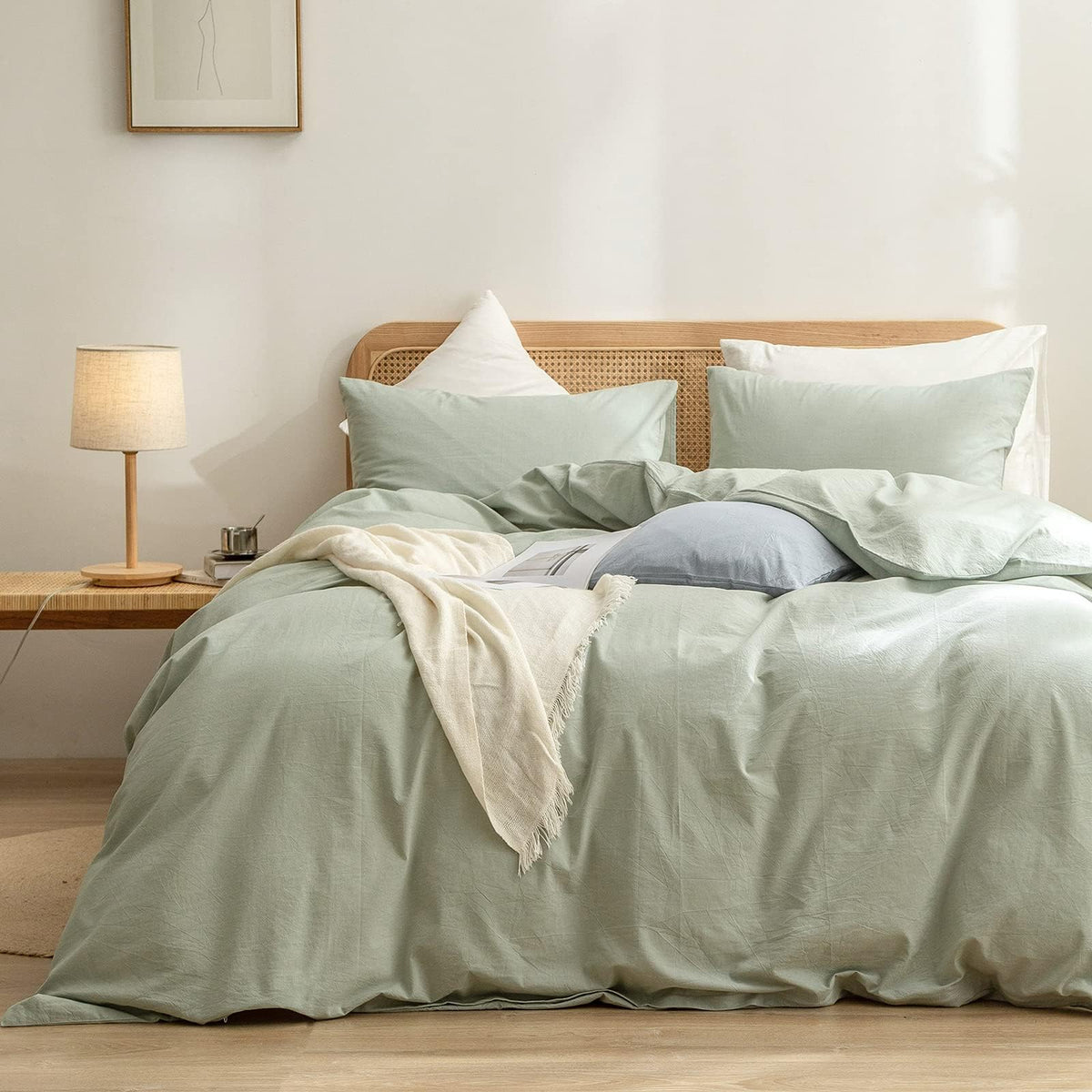BESTOUCH Cotton Solid Duvet Cover Set Linen Feel Cornflower Blue Queen