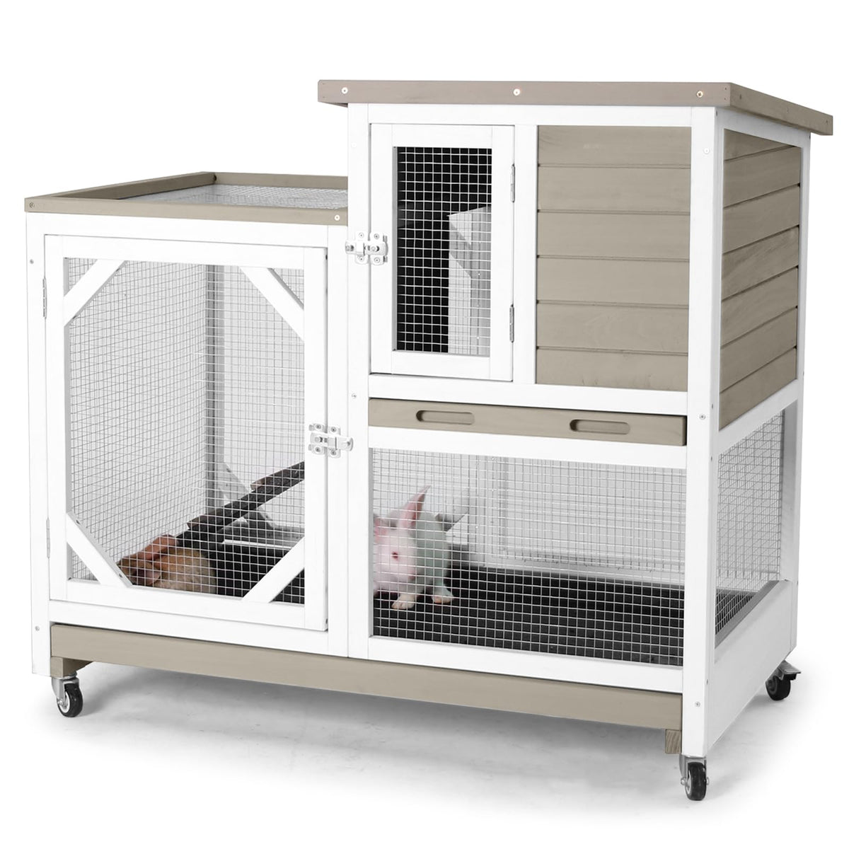 GUTINNEEN Rabbit Hutch Mobile Bunny Cage with Large Wheels, Chewproof Ramp, Leak Proof Trays – Ideal Cage for Rabbits, Guinea Pigs, Indoor/Outdoor Use, 44" L x 20" W x 41.5" H