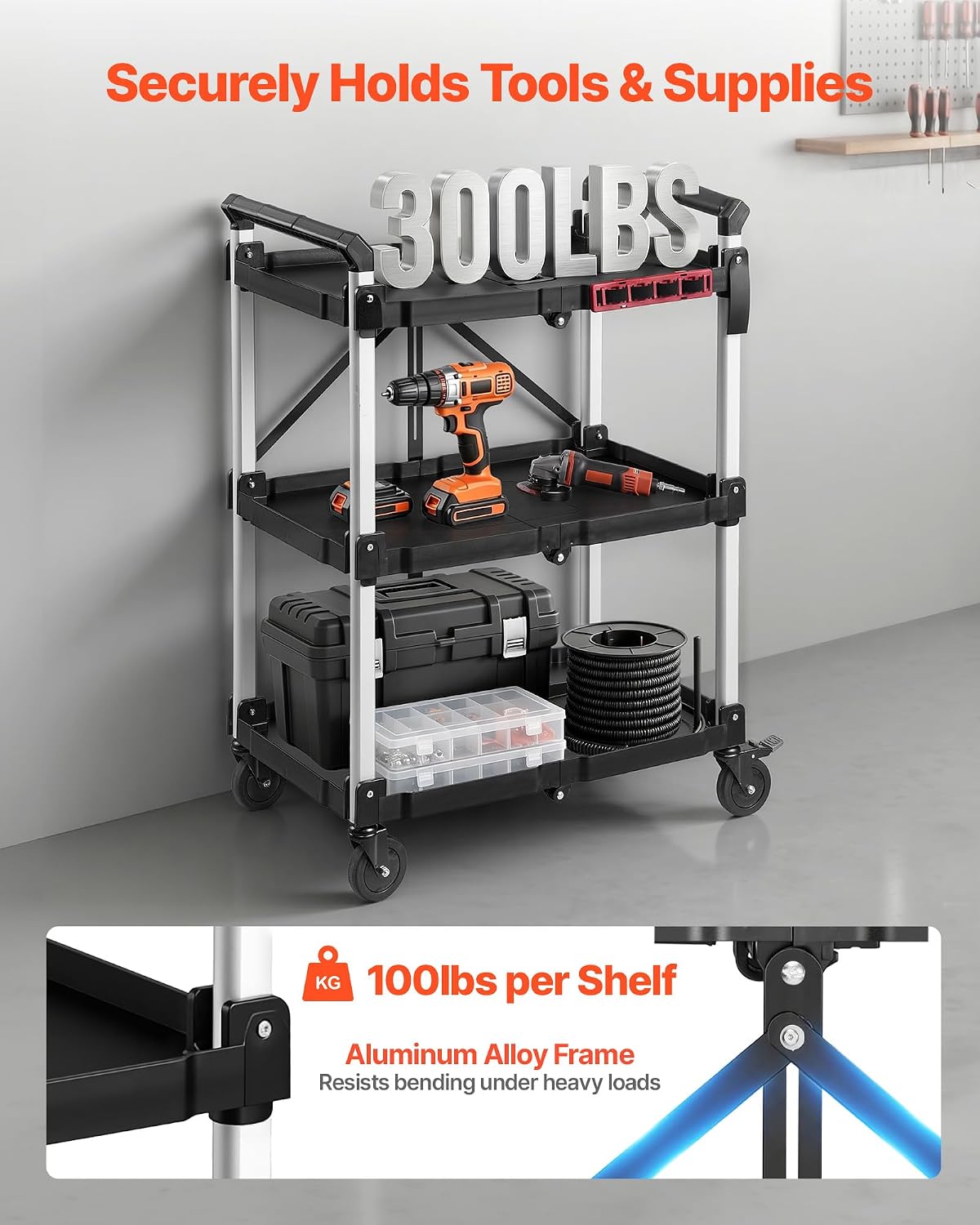 VEVOR 3 Shelf Heavy Duty Folding Jobsite Cart, 3 Tier Rolling Cart with Side Tool Holder & 360° Swivel Wheels (2 Brakes), 300 LBS Folding Utility Cart, Tool Storage for Garage Warehouse Workshop
