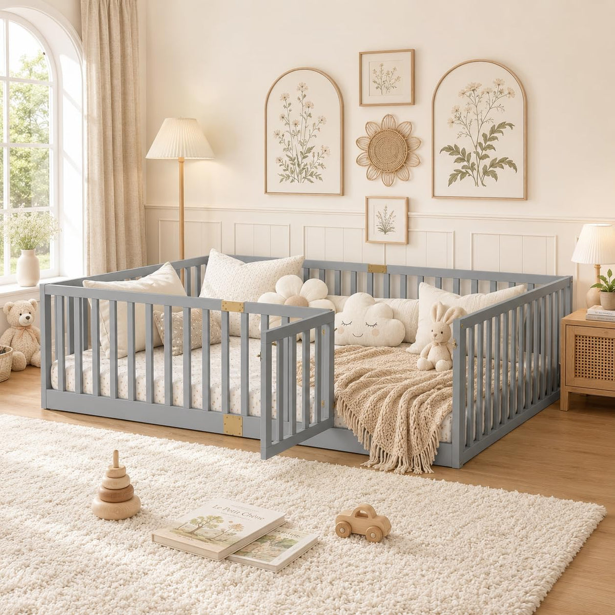 Twin Montessori Floor Bed with High Rails, Door & Slats for Kids, White