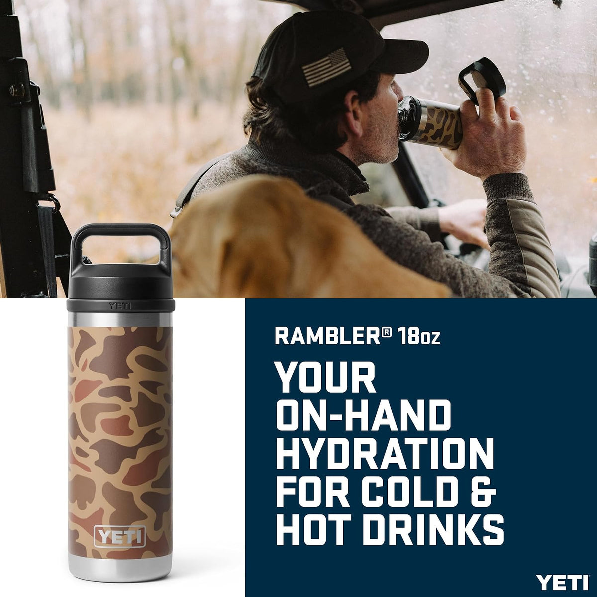 YETI Rambler Bottle Chug, Vacuum Insulated Stainless Steel Bottle with Chug Cap, Wetlands Camo, 18 oz (532 ml)