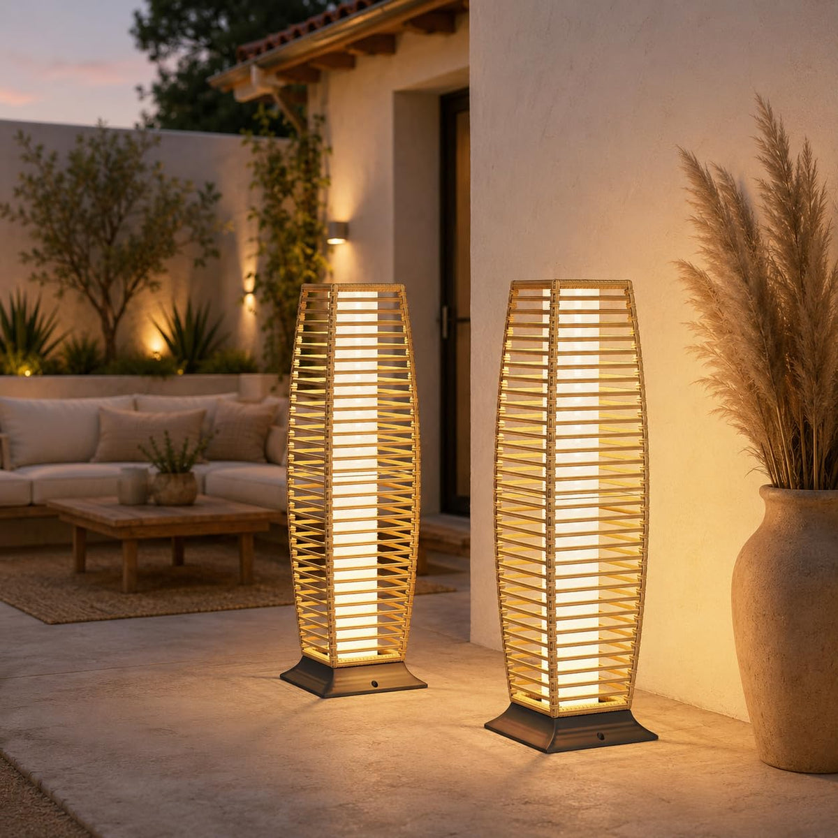 Grand patio 2-Piece Outdoor Floor Lamp Solar Powered Lantern Waterproof Wicker Boho Deck Lights for Garden Porch Decor, Large Crossover