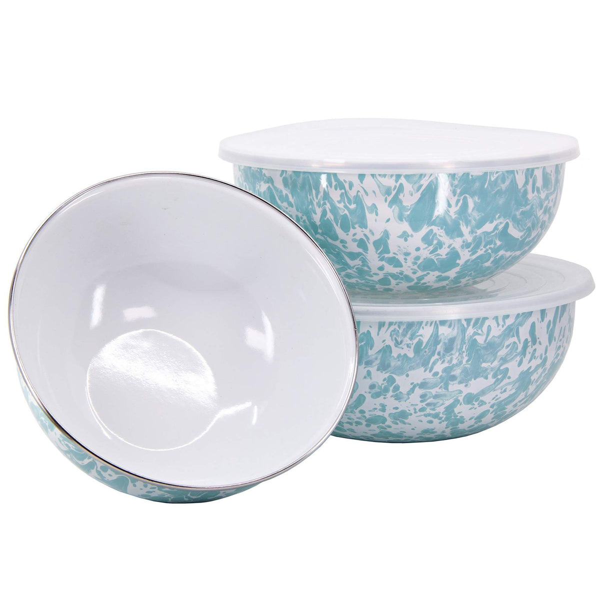 Golden Rabbit Enamelware Nested Mixing Bowls with Lids, Set of 3, Solid White Textured