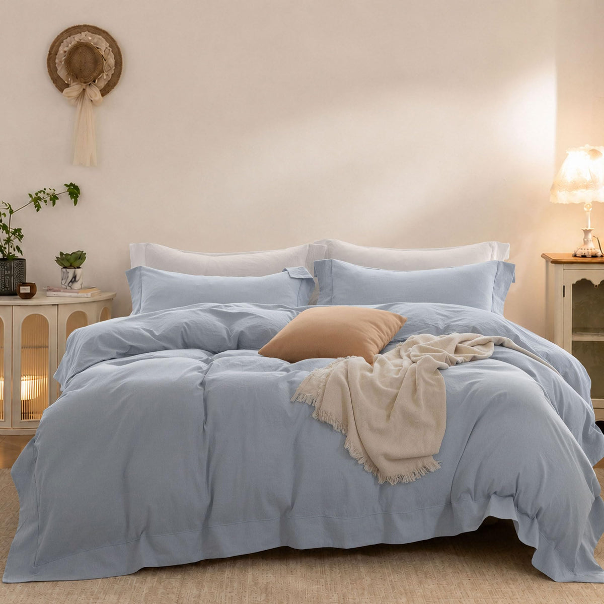 Duvet Cover Set Washed Cotton Embroidered Hem King 3‑Pcs