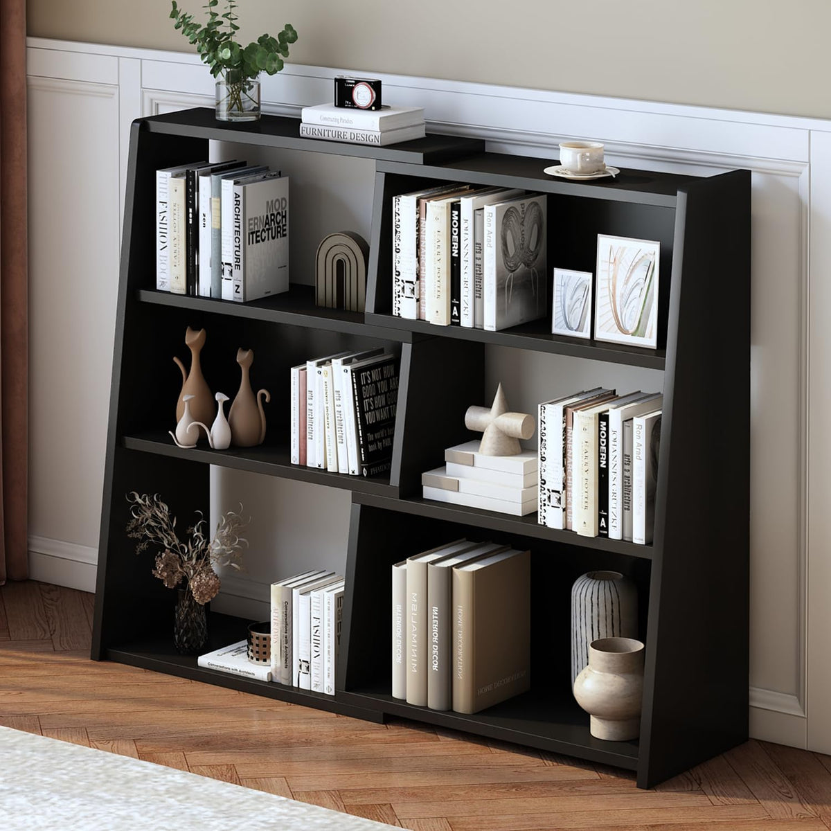 IOTXY Wooden Extendable Shelf Bookcase, 3-Tier Low Bookshelf, Walnut, S