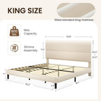 GRUSIGN King Size Platform Bed Frame with Velvet Headboard, Adjustable Height Wooden Slats Support, Upholstered Mattress Foundation, Fits Mattress or Mattress with Box Spring, Easy Assembly, Beige