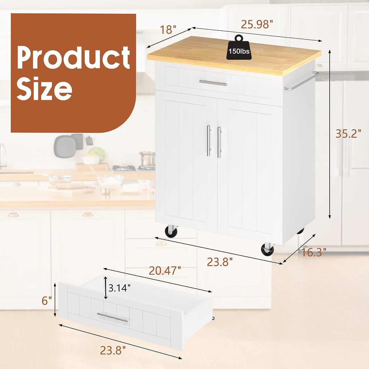 SUNLEI Kitchen Island with Storage, 26" Rolling Microwave Cart with 3 Drawers, Rubberwood Top, Lockable Wheels, Towel Rack & Open Shelves, Portable Kitchen Cart, White