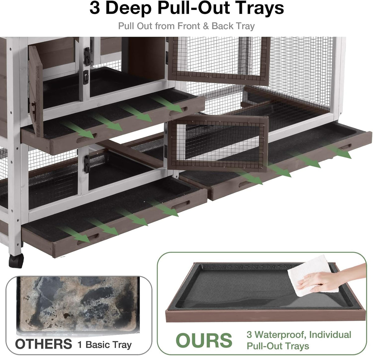 62″ 2-Story Large Rabbit Hutch with Chew-Proof Ramp, 3 Leakproof Trays, Waterproof Roof, 6 Lockable Wheels for Rabbits & Guinea Pigs (Brown)