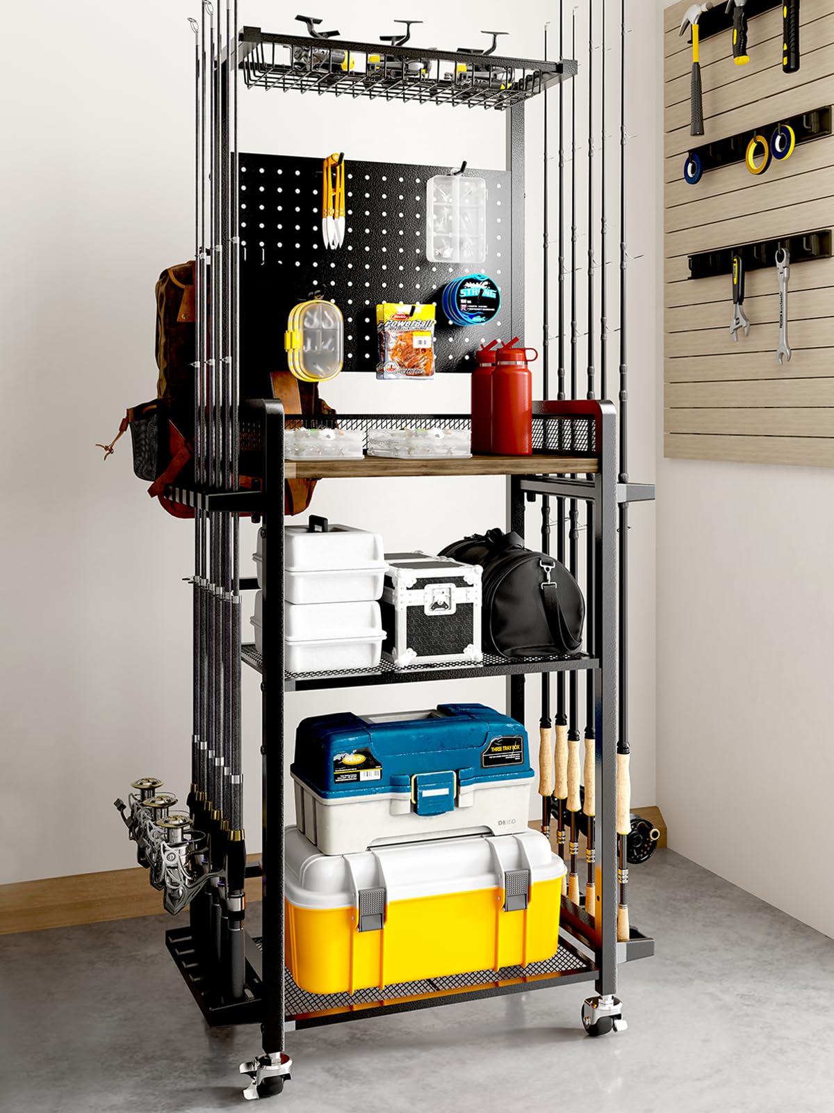 SOYEEZE Fishing Rod Holders for Garage,Fishing Gear Holder for Fishing Rod Tackle Box Storage，Fishing Pole Holders for 12 Rods with Hooks and Pegboard,Fishing Cart with Reel Rack, Large Size
