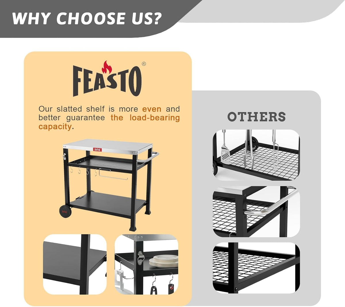 Feasto 3-Shelf Pizza Oven Table, Outdoor Grill Cart, 33.5" x 21.7", Black