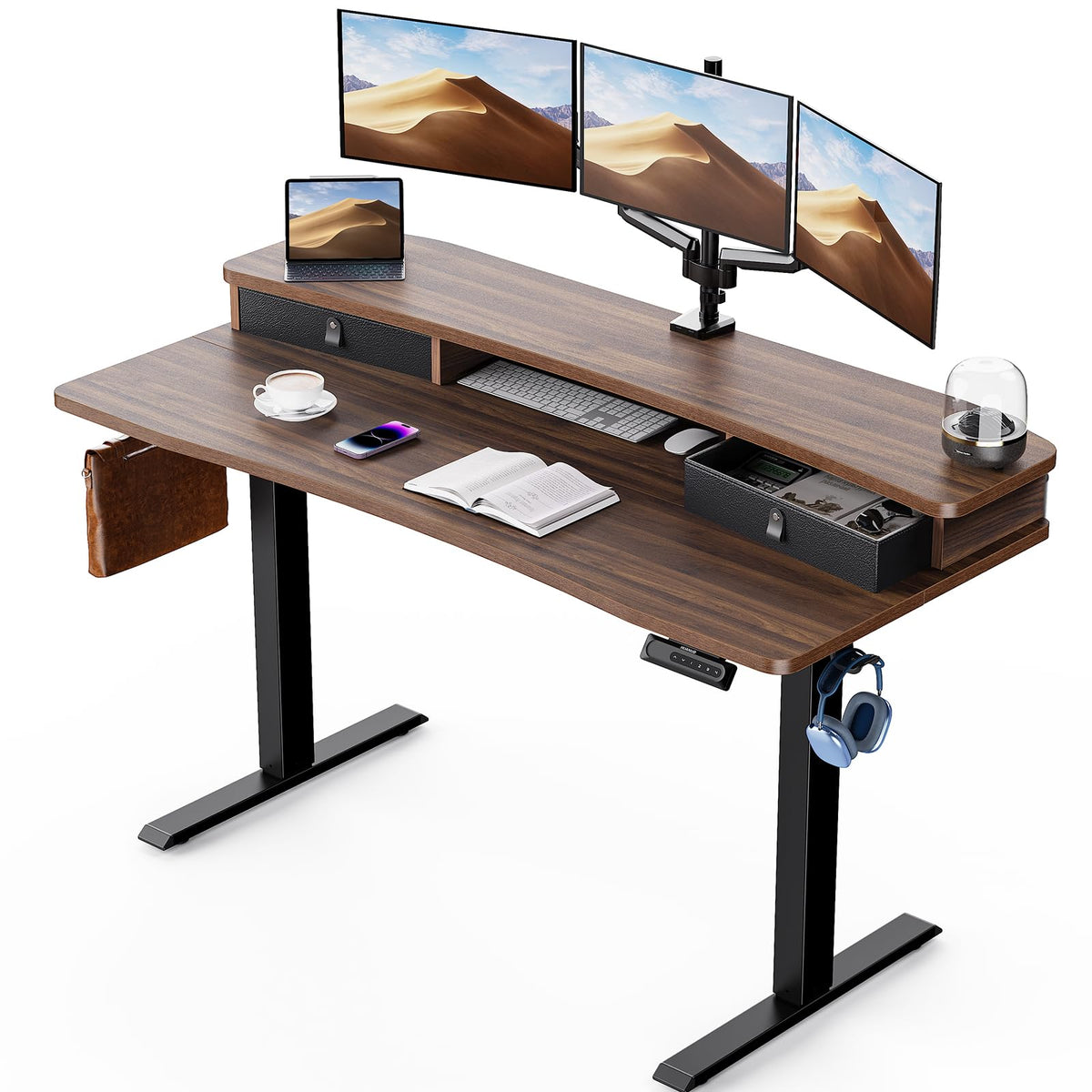 HUANUO 48″ x 28″ Electric Standing Desk with 2 Drawers, C-Clamp Mount Compatible, Height Adjustable Computer Desk, Home Office Stand Up Desk with 4 Preset Heights & 2 Hooks, Black