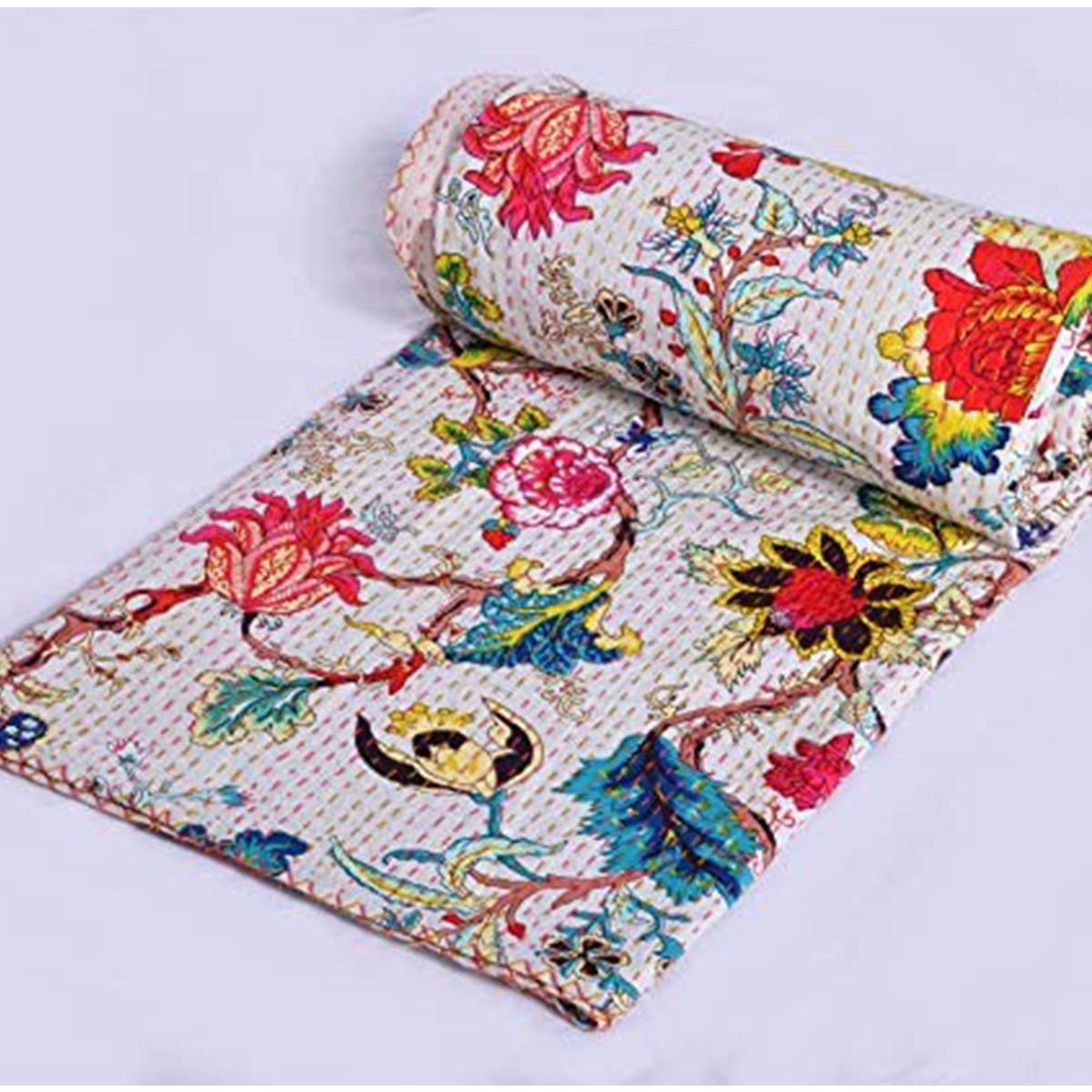 YUVANCRAFTS Indian Hand Block Print Kantha Quilt Queen Size Bedspread Blanket Cotton Bed Cover Vintage Boho Floral Print (Queen 90 X 108 Inch, White 3)