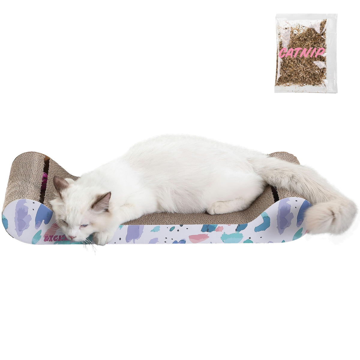 Rini 23.75" Modern Cardboard Cat Scratcher Lounge Bed with Built-in Bell Toys and Catnip, Ergonomic Curved Sofa Design, Oak Wood Finish, Set of 2 CSR1003C-SET2