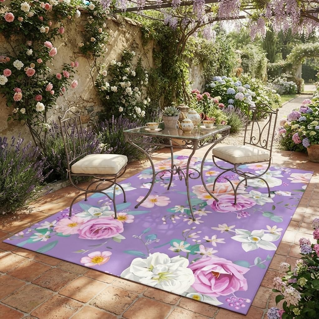 White Pink Beige Gentle Elegant Outdoor Floral Rugs 9x12 Contemporary Aesthetic Texture Thin Non Slip Durable Indoor Outside Carpets for Garden Backyard Balcony Patio Deck Veranda Deck Mats